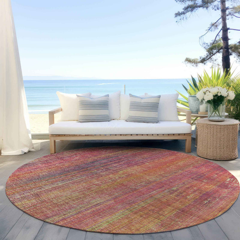8' Round Red and Orange Round Striped Washable Non Skid Indoor Outdoor Area Rug