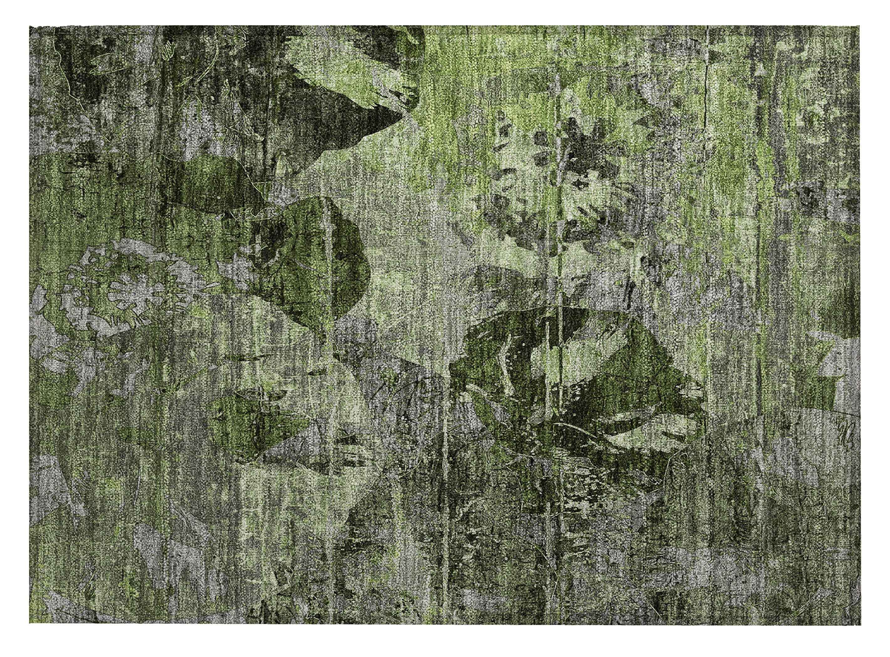 2' X 3' Green and Gray Floral Washable Non Skid Indoor Outdoor Area Rug