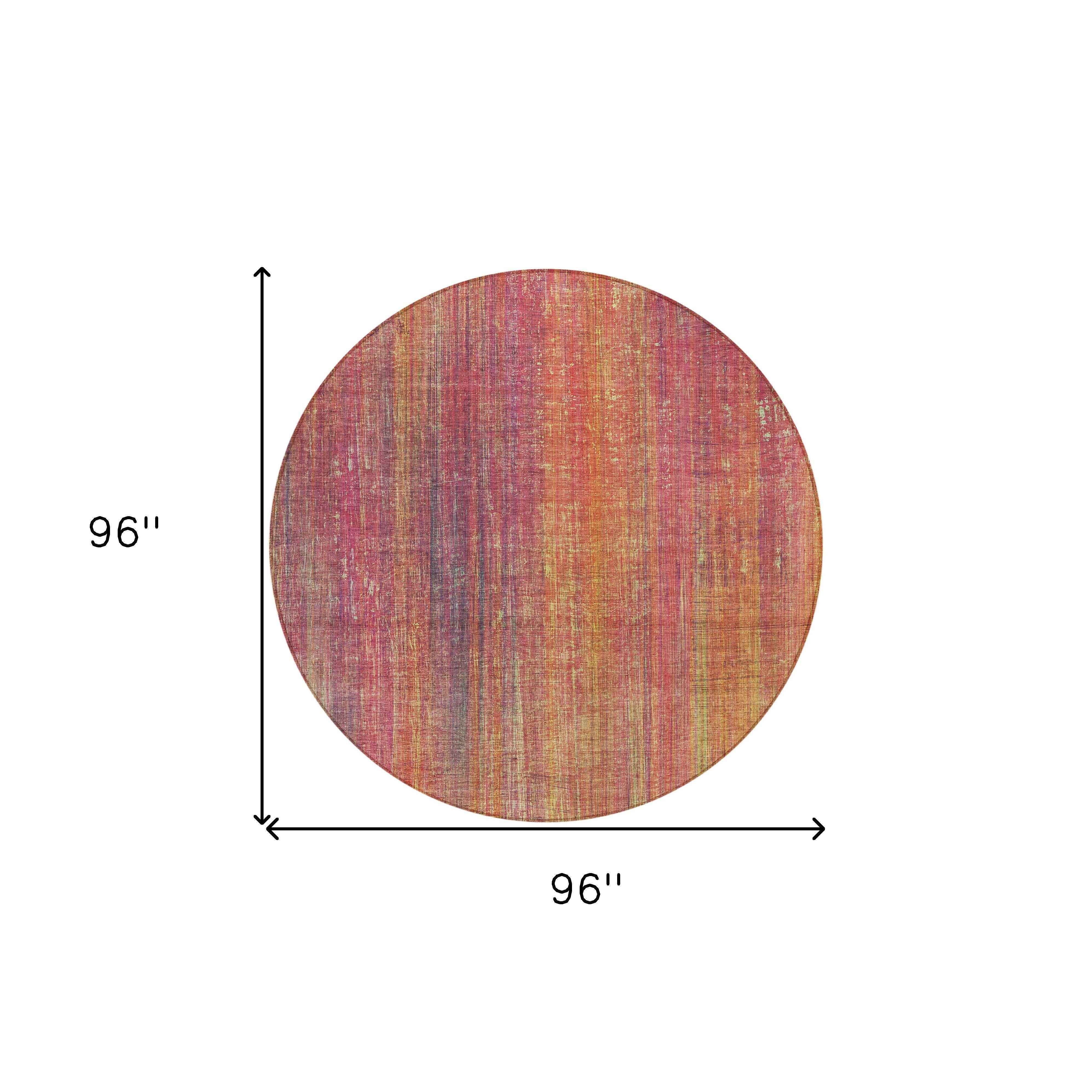 8' Round Red and Orange Round Striped Washable Non Skid Indoor Outdoor Area Rug