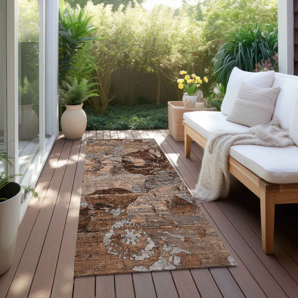 2' X 8' Brown Terracotta and Gray Abstract Washable Indoor Outdoor Runner Rug