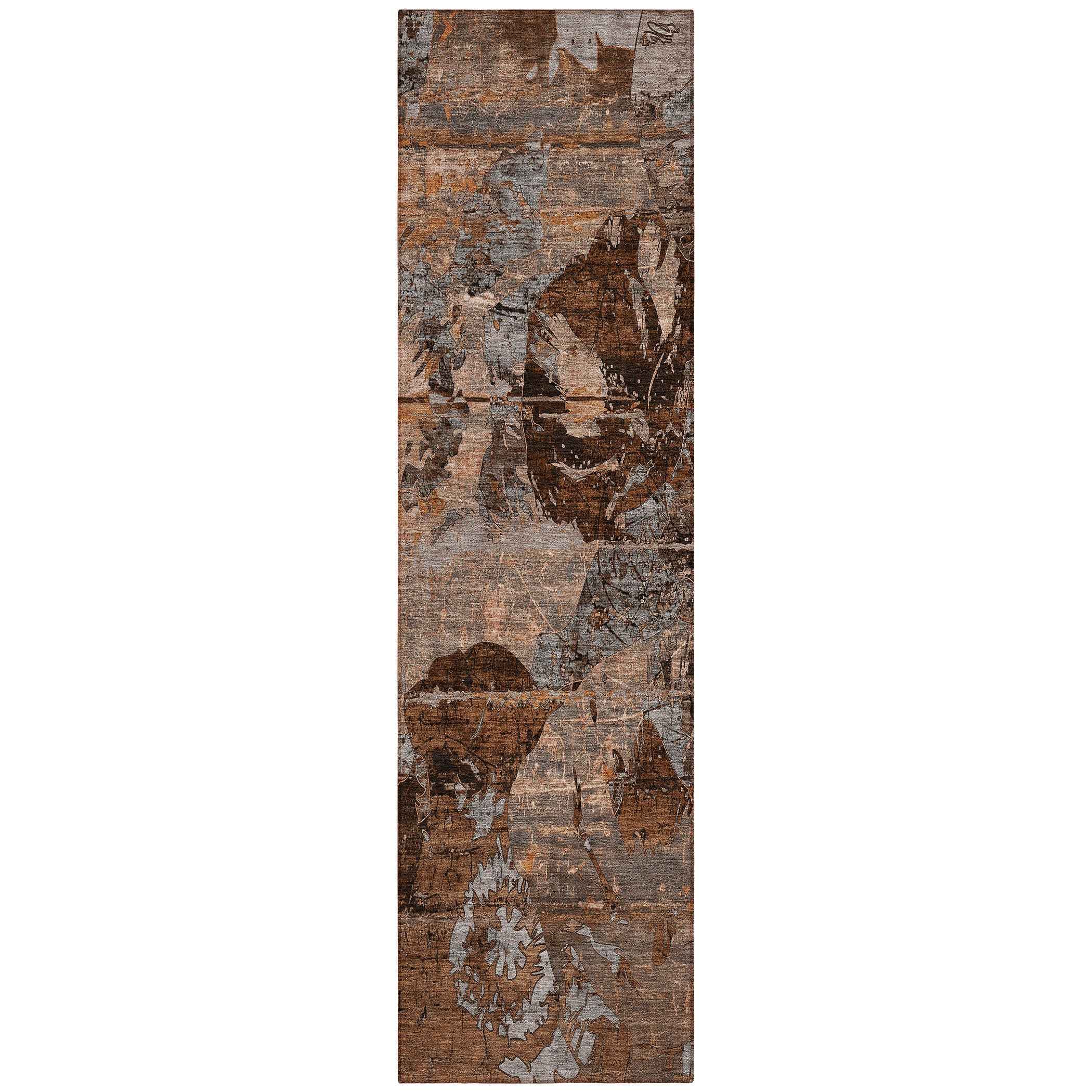 2' X 8' Brown Terracotta and Gray Abstract Washable Indoor Outdoor Runner Rug