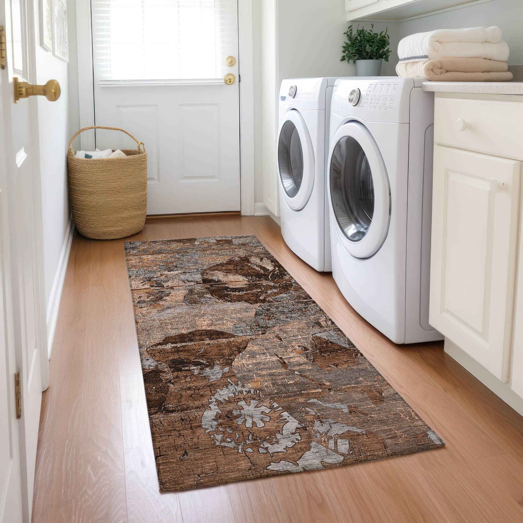 2' X 8' Brown Terracotta and Gray Abstract Washable Indoor Outdoor Runner Rug