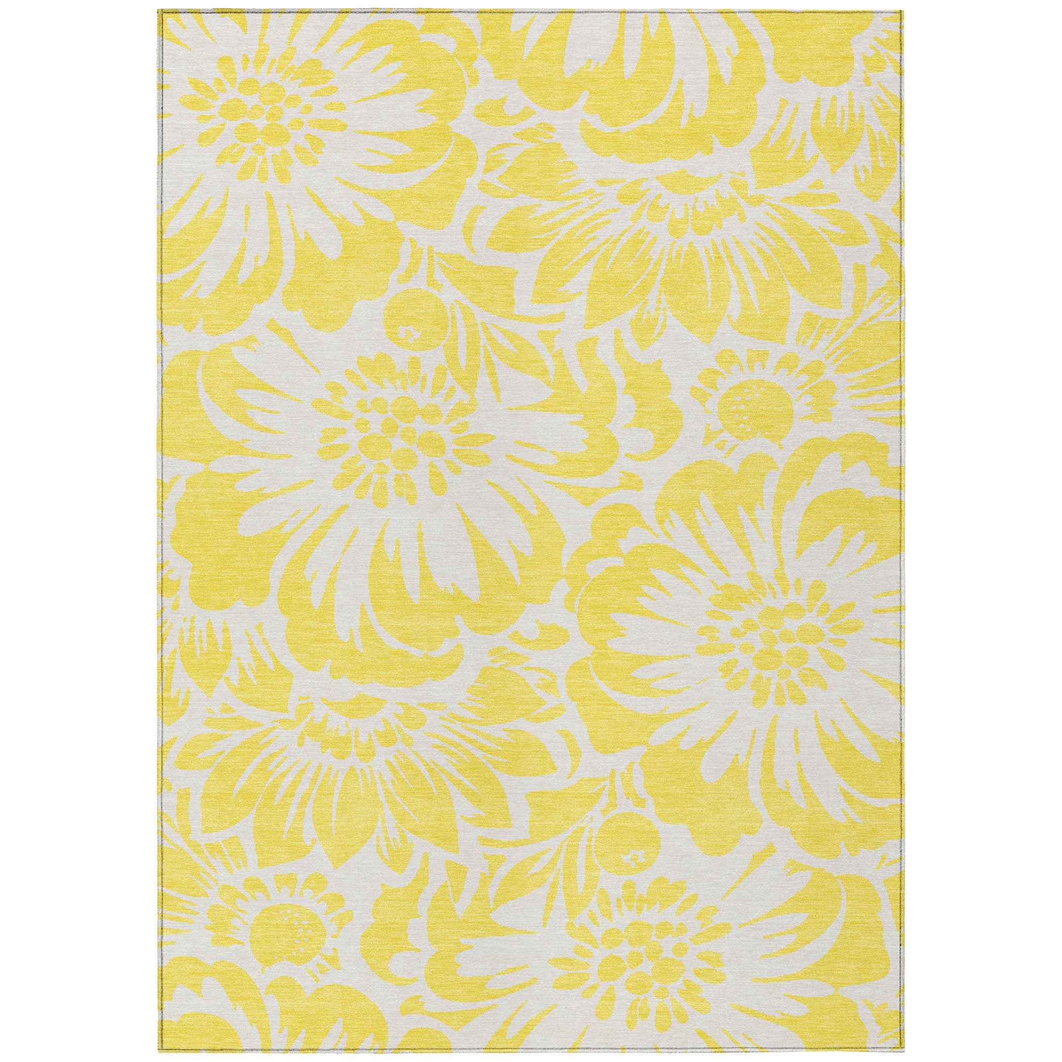 5' X 8' Yellow and Ivory Floral Washable Non Skid Indoor Outdoor Area Rug