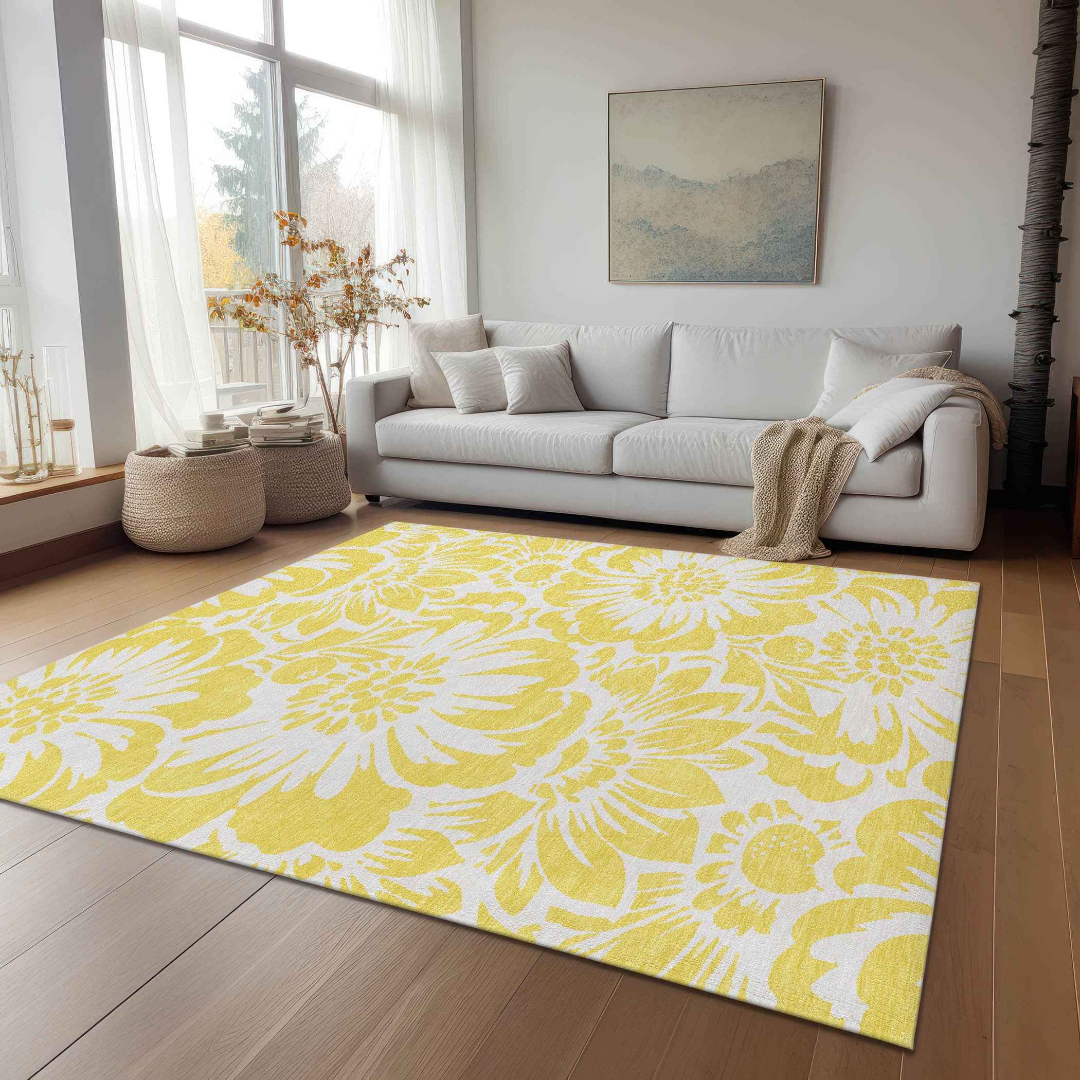 8' X 10' Yellow and Ivory Floral Washable Non Skid Indoor Outdoor Area Rug