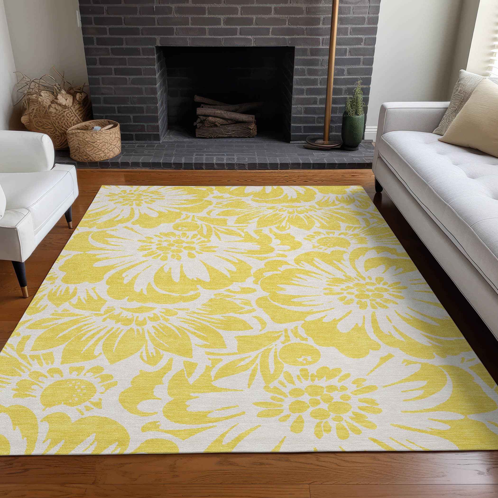 8' X 10' Yellow and Ivory Floral Washable Non Skid Indoor Outdoor Area Rug