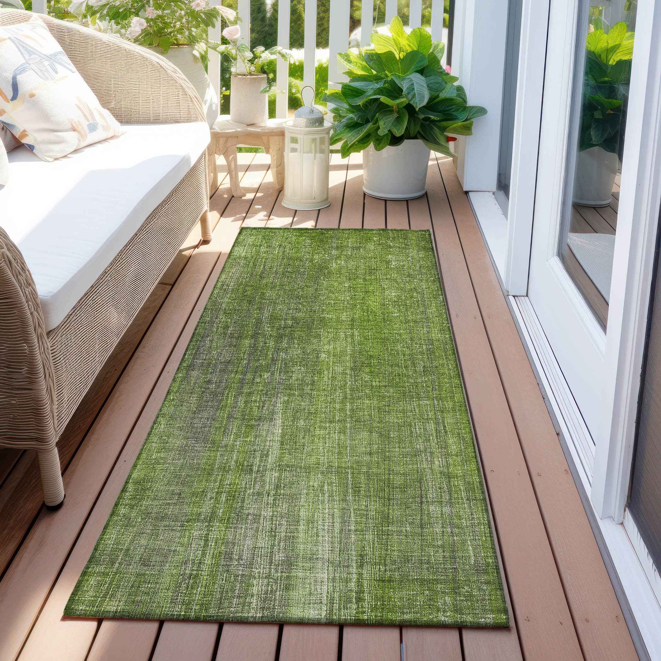 8' Runner Green Striped Washable Non Skid Indoor Outdoor Runner Rug