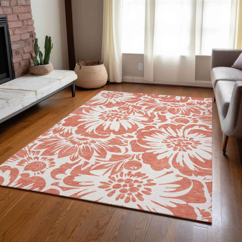 5' X 8' Salmon and Ivory Floral Washable Non Skid Indoor Outdoor Area Rug