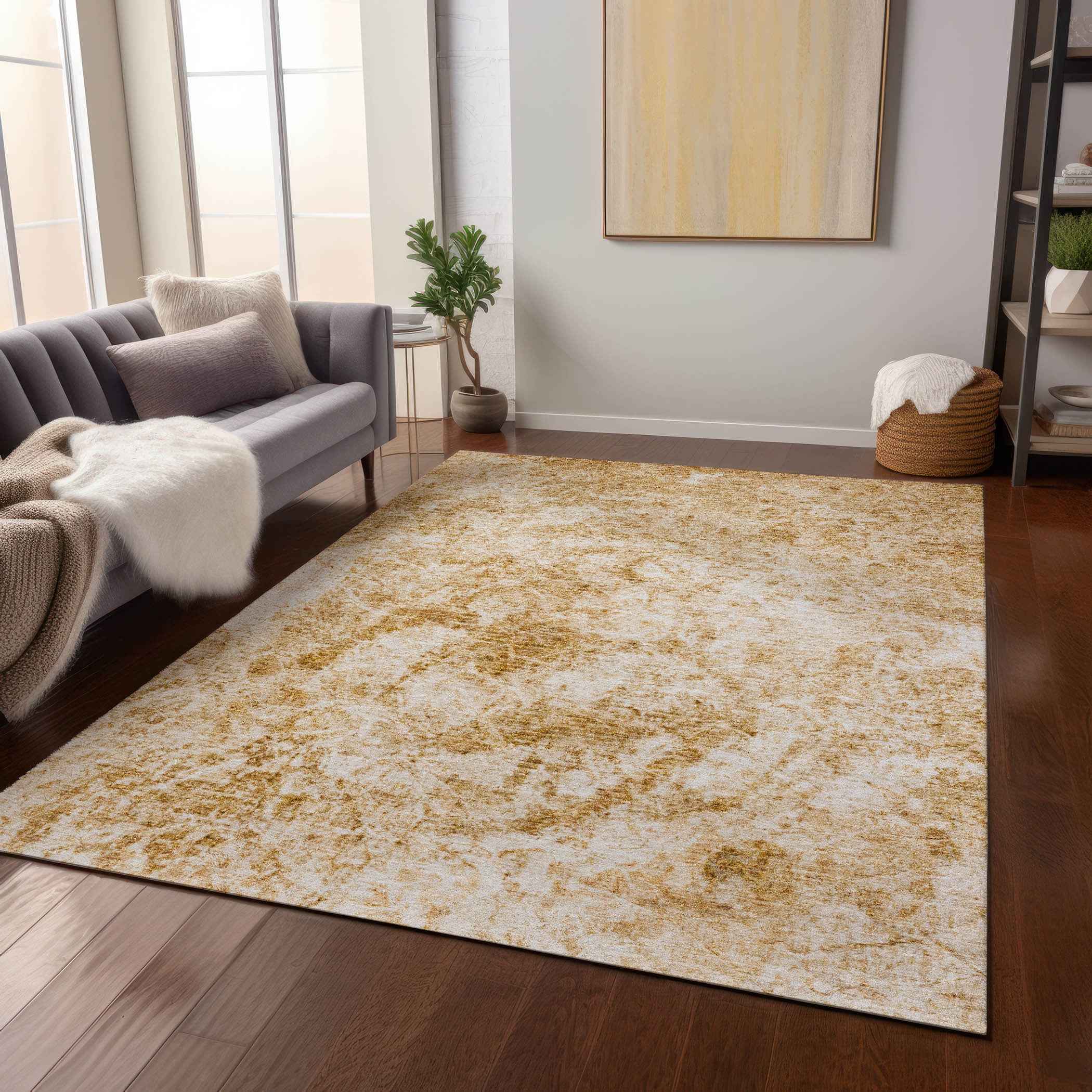 8' X 10' Beige and Gold Abstract Washable Non Skid Indoor Outdoor Area Rug