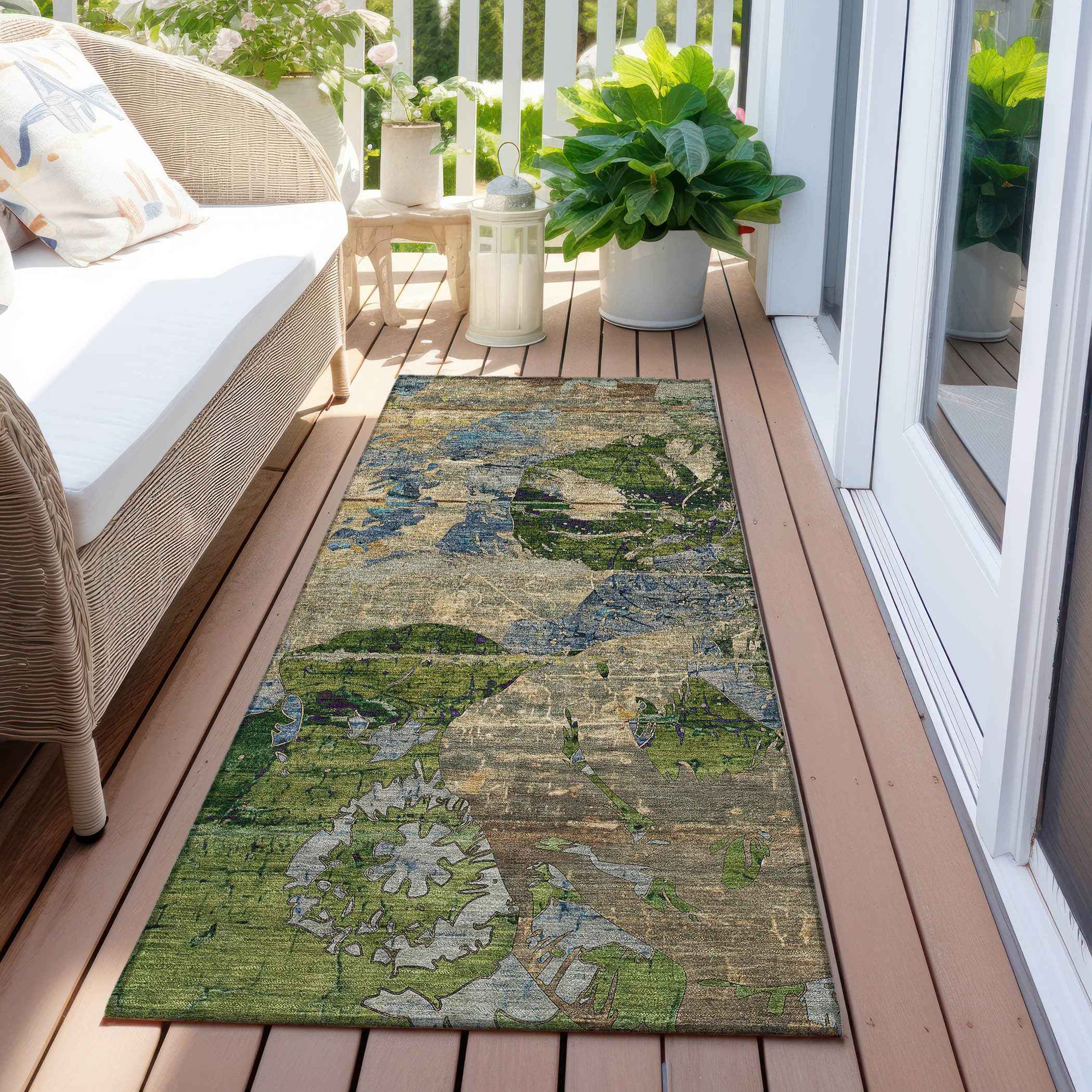 8' Runner Taupe Blue and Green Floral Washable Non Skid Indoor Outdoor Runner Rug