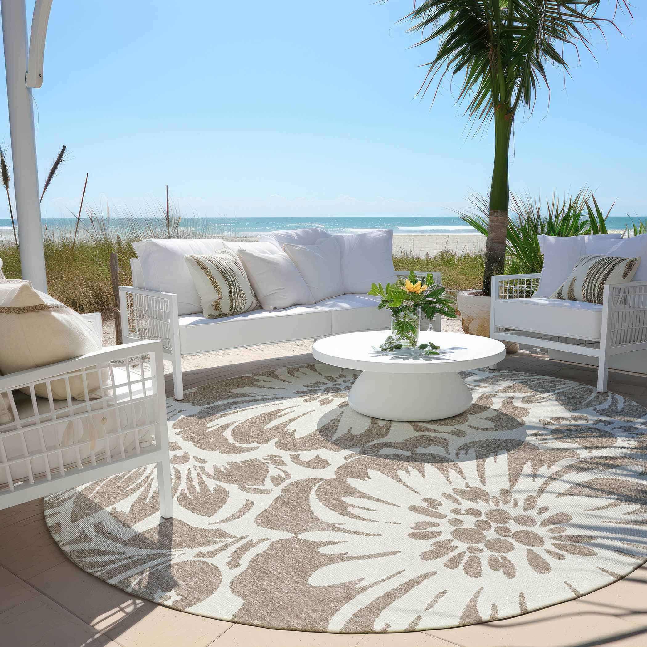 8' X 8' Taupe and Ivory Round Floral Washable Non Skid Indoor Outdoor Area Rug