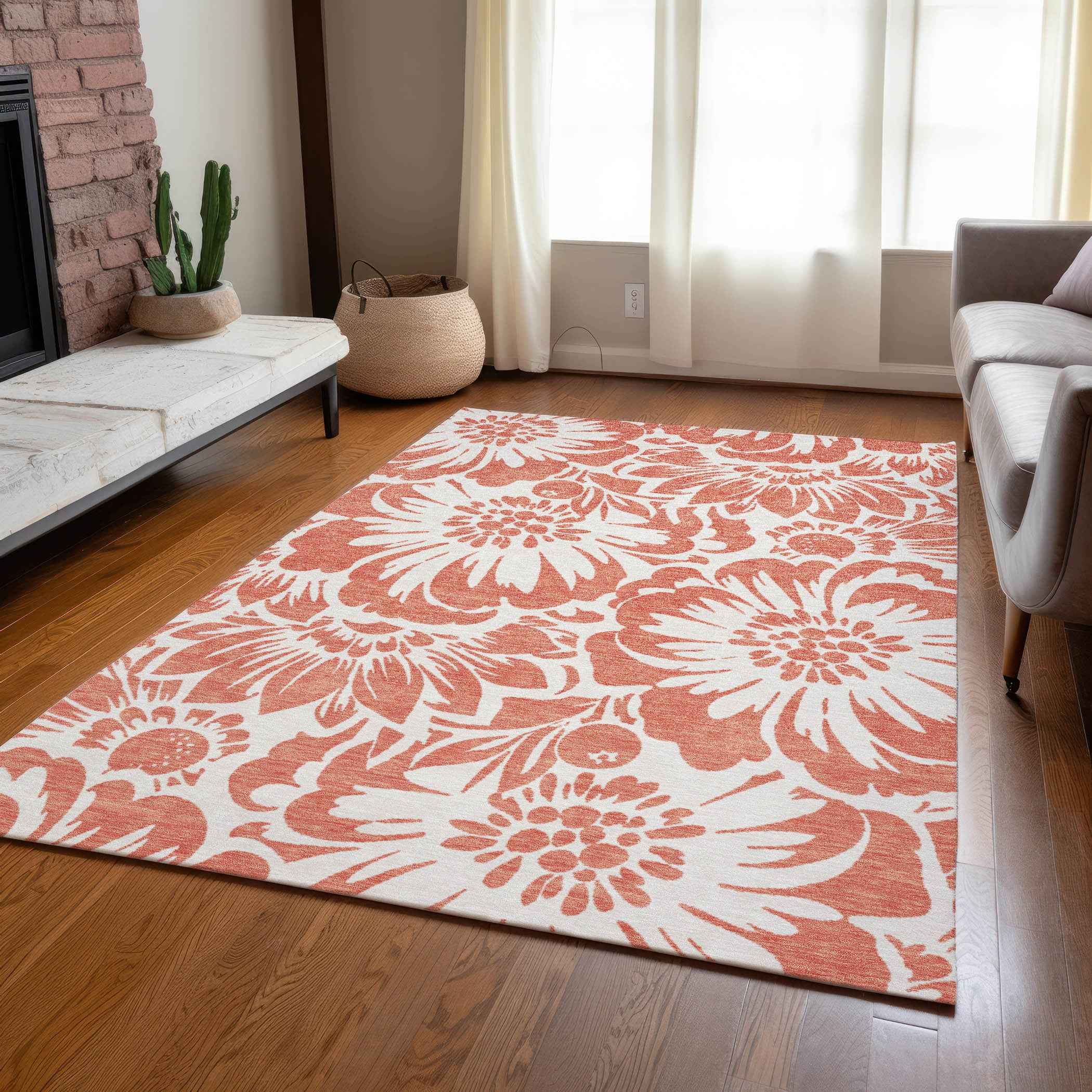 9' X 12' Salmon and Ivory Floral Washable Non Skid Indoor Outdoor Area Rug