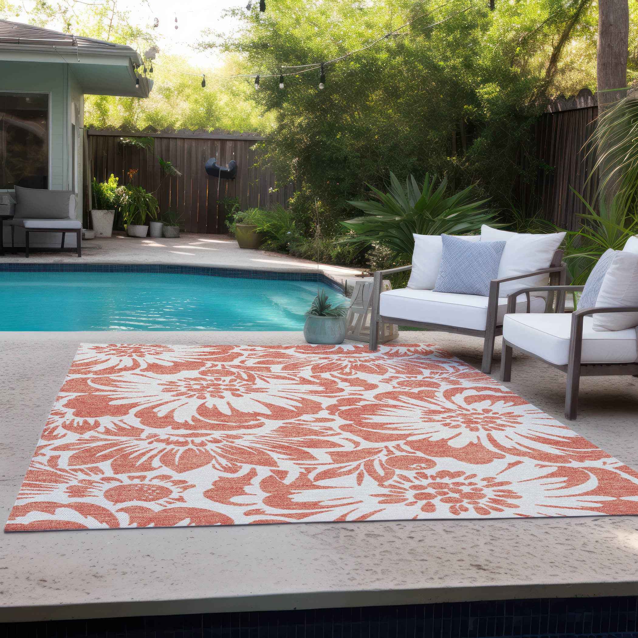 9' X 12' Salmon and Ivory Floral Washable Non Skid Indoor Outdoor Area Rug