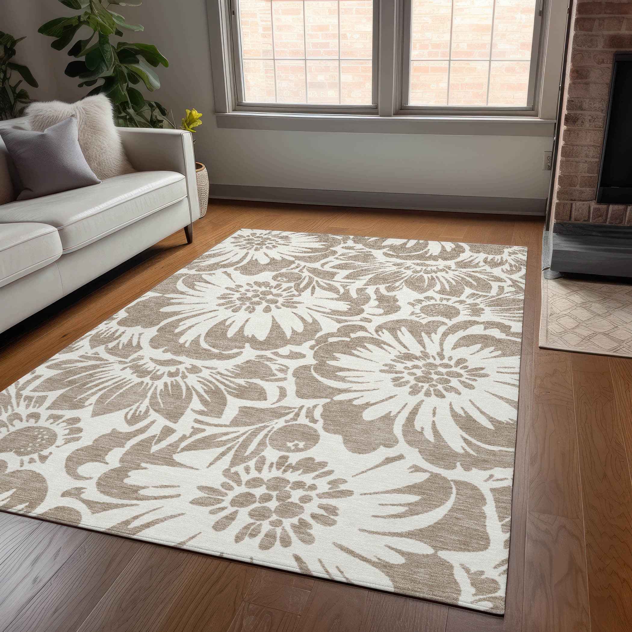 3' X 5' Taupe and Ivory Floral Washable Non Skid Indoor Outdoor Area Rug