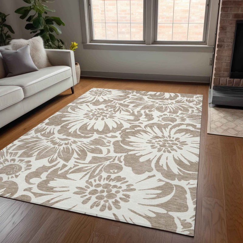 3' X 5' Taupe and Ivory Floral Washable Non Skid Indoor Outdoor Area Rug