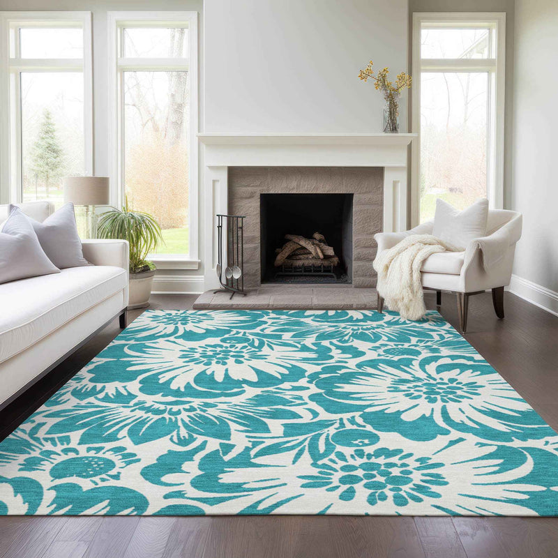 8' X 10' Teal and Ivory Floral Washable Non Skid Indoor Outdoor Area Rug