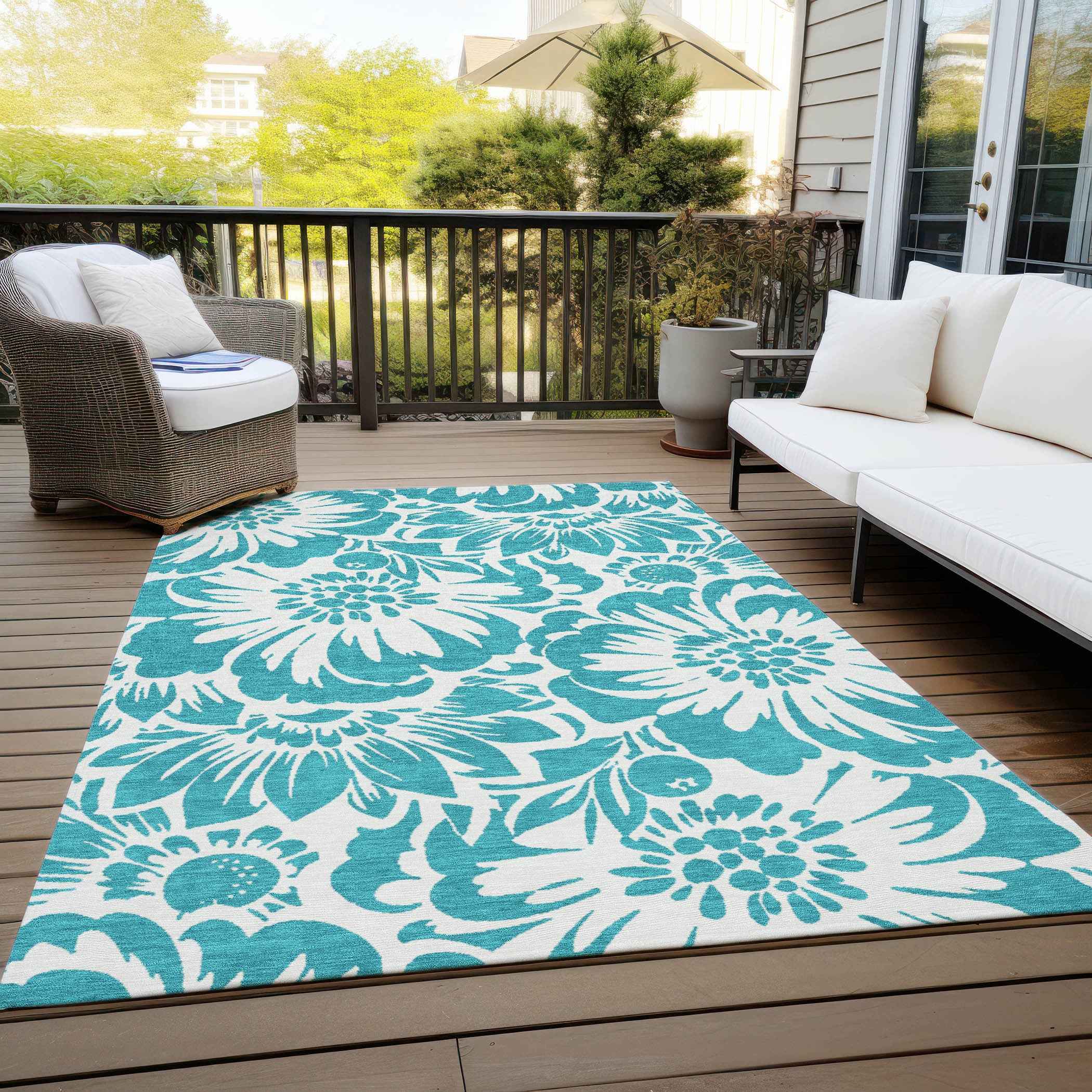 8' X 10' Teal and Ivory Floral Washable Non Skid Indoor Outdoor Area Rug