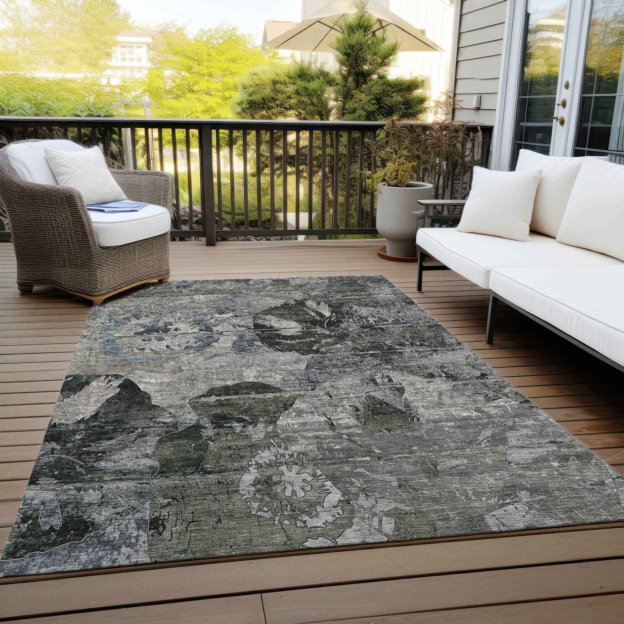 8' X 10' Gray Dark Green and Black Floral Washable Non Skid Indoor Outdoor Area Rug