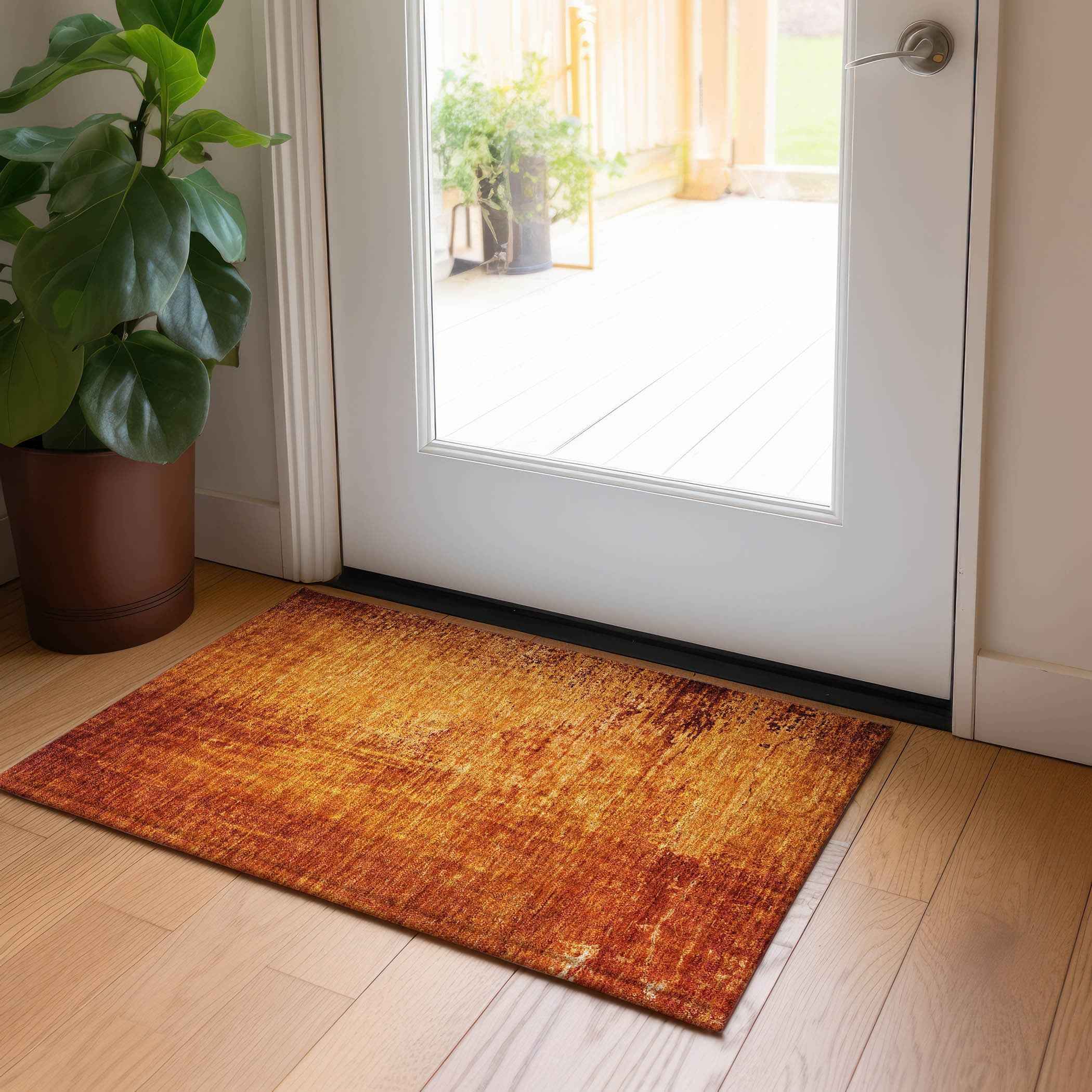2' X 3' Orange Abstract Washable Non Skid Indoor Outdoor Area Rug