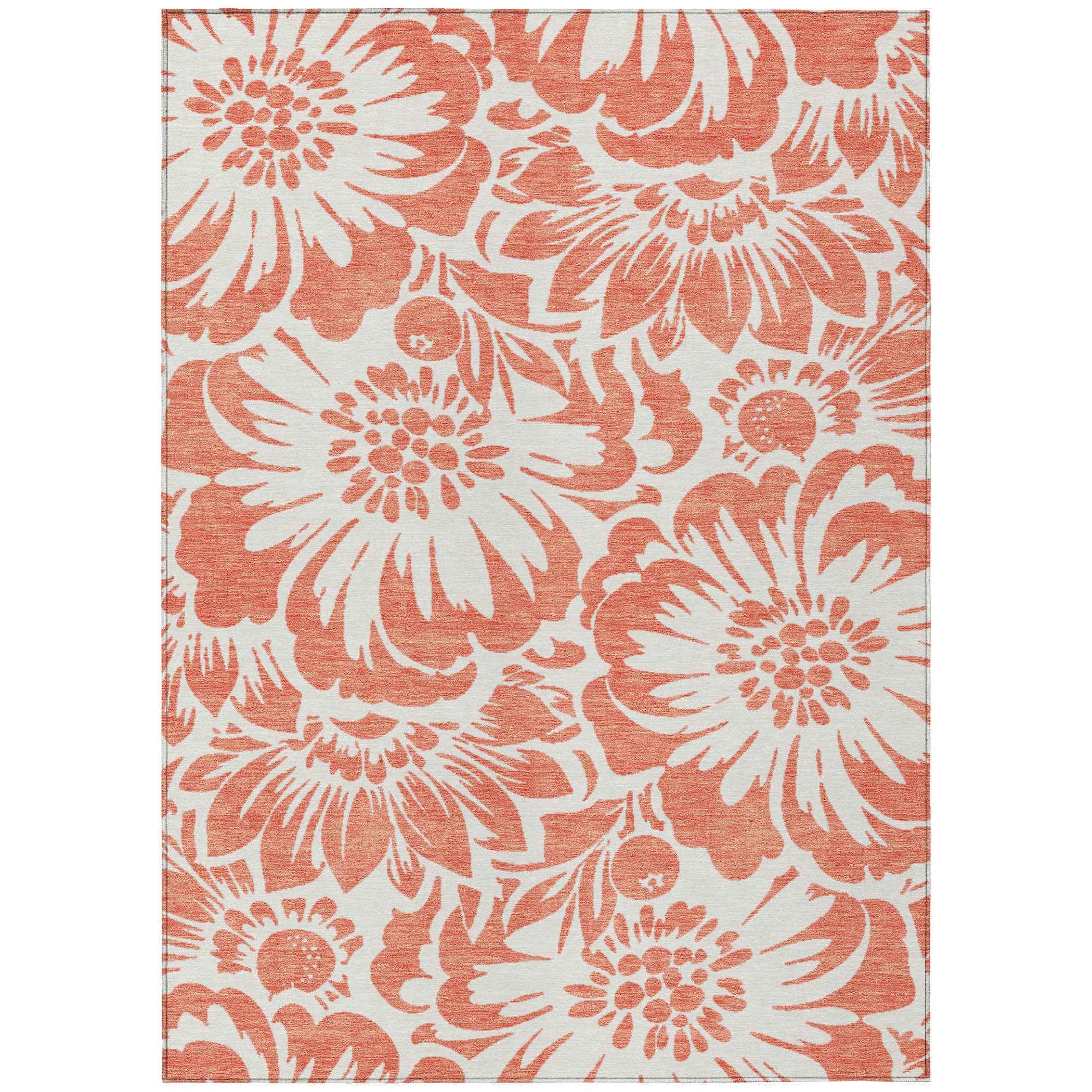 10' X 14' Salmon and Ivory Floral Washable Non Skid Indoor Outdoor Area Rug