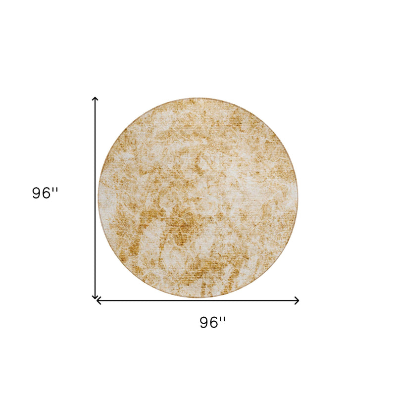 8' Round Cream and Gold Round Abstract Washable Non Skid Indoor Outdoor Area Rug