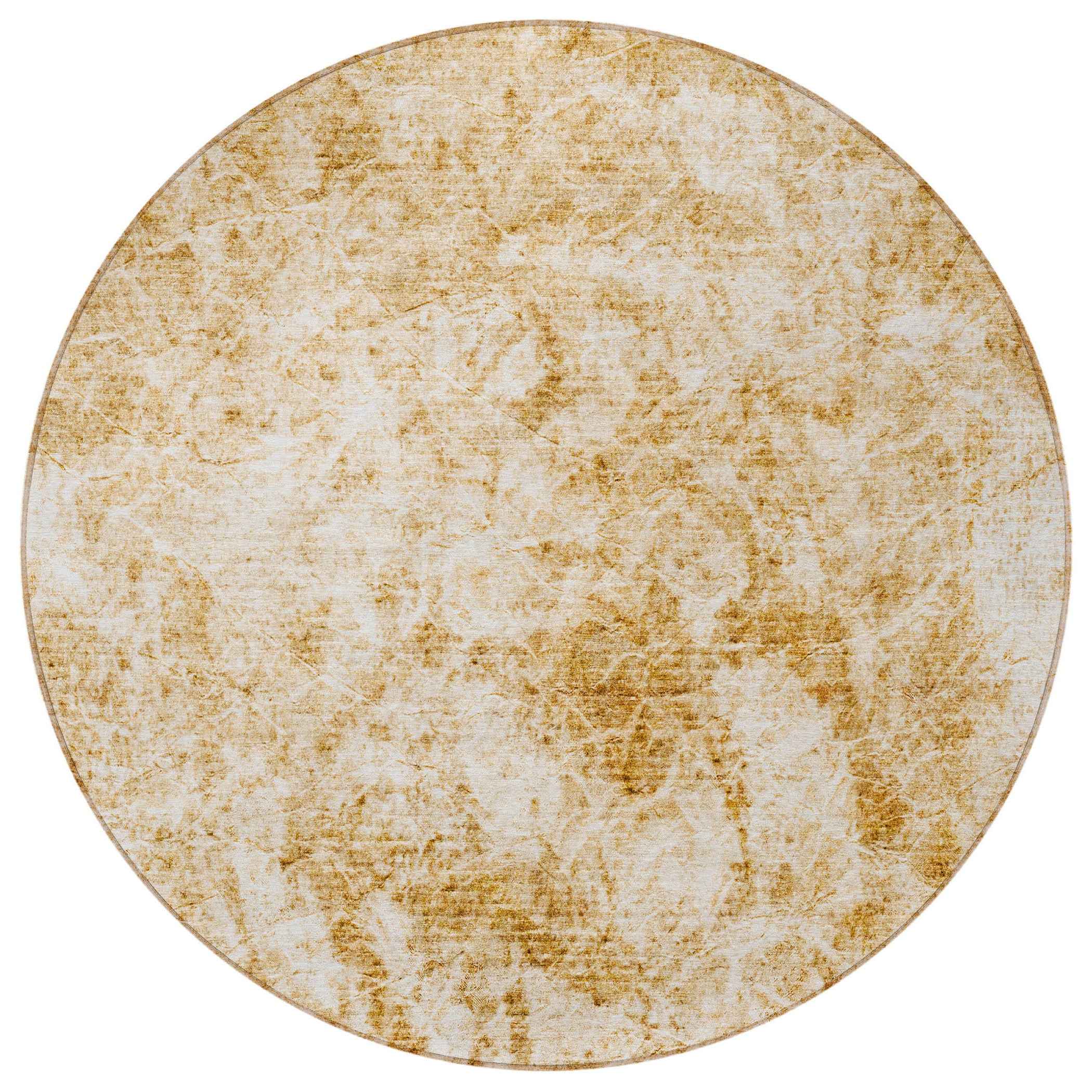 8' Round Cream and Gold Round Abstract Washable Non Skid Indoor Outdoor Area Rug