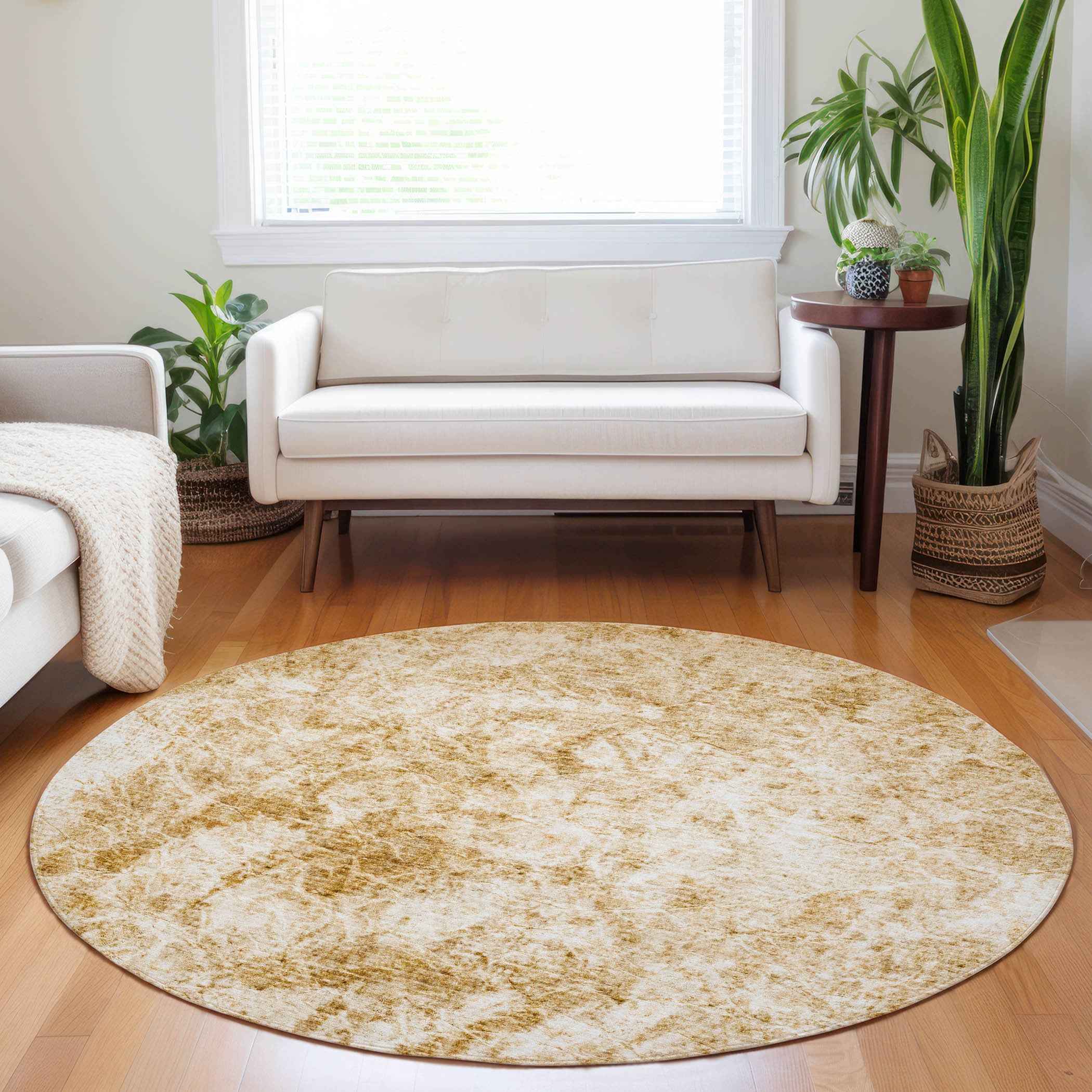 8' Round Cream and Gold Round Abstract Washable Non Skid Indoor Outdoor Area Rug