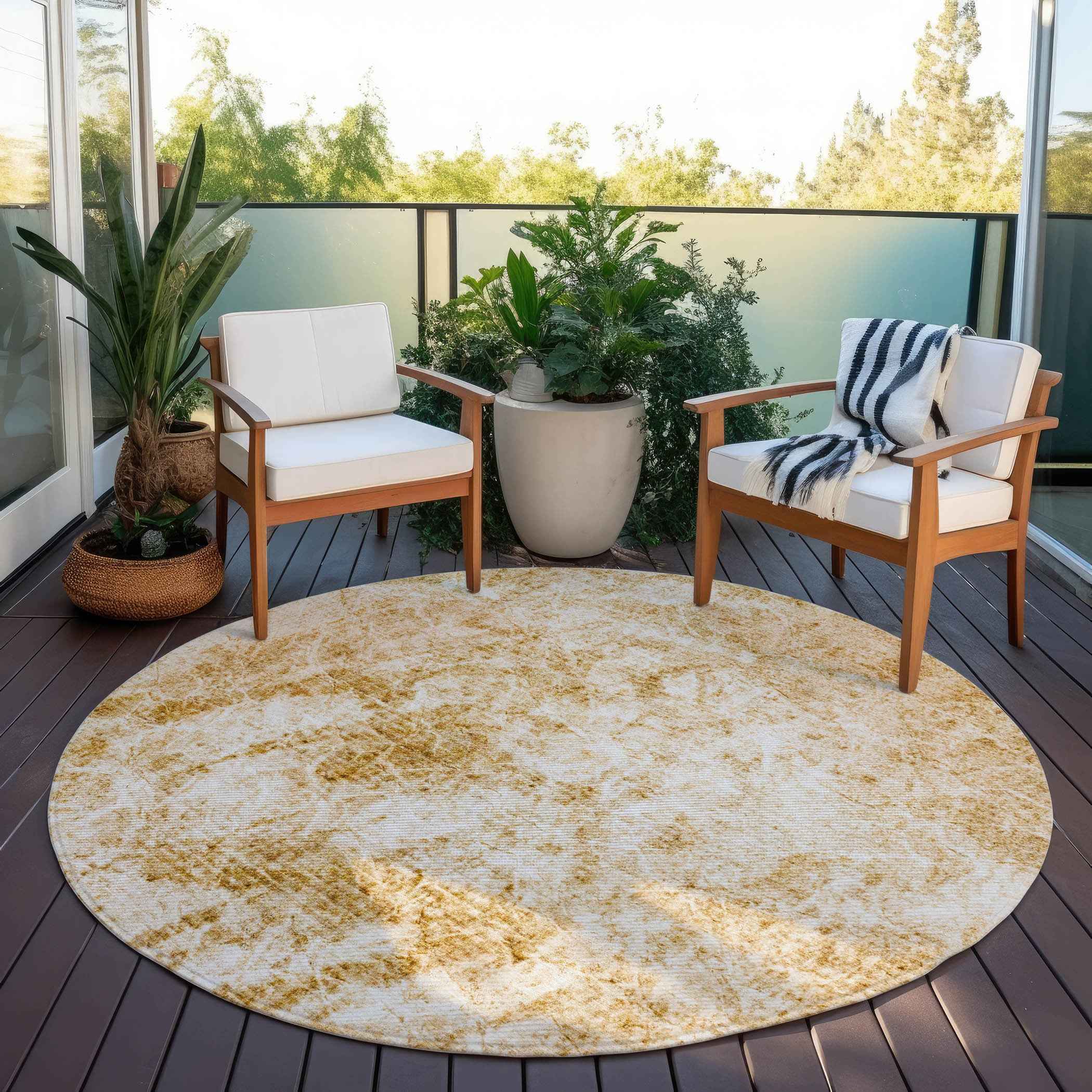 8' Round Cream and Gold Round Abstract Washable Non Skid Indoor Outdoor Area Rug