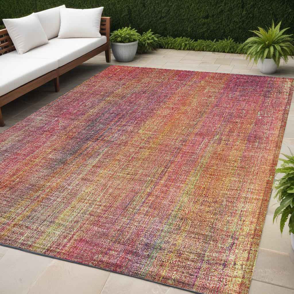 5' X 8' Red and Orange Striped Washable Non Skid Indoor Outdoor Area Rug