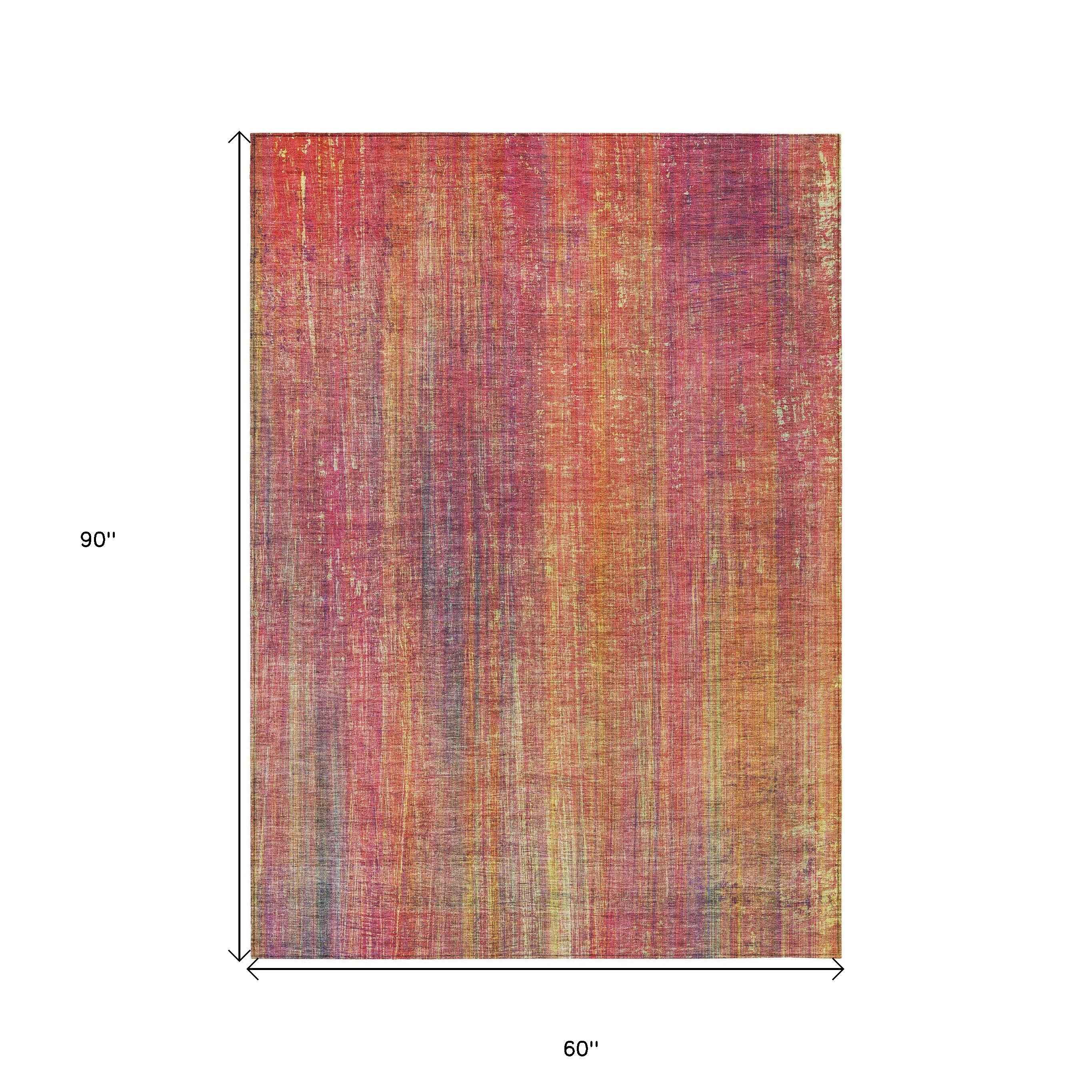 5' X 8' Red and Orange Striped Washable Non Skid Indoor Outdoor Area Rug