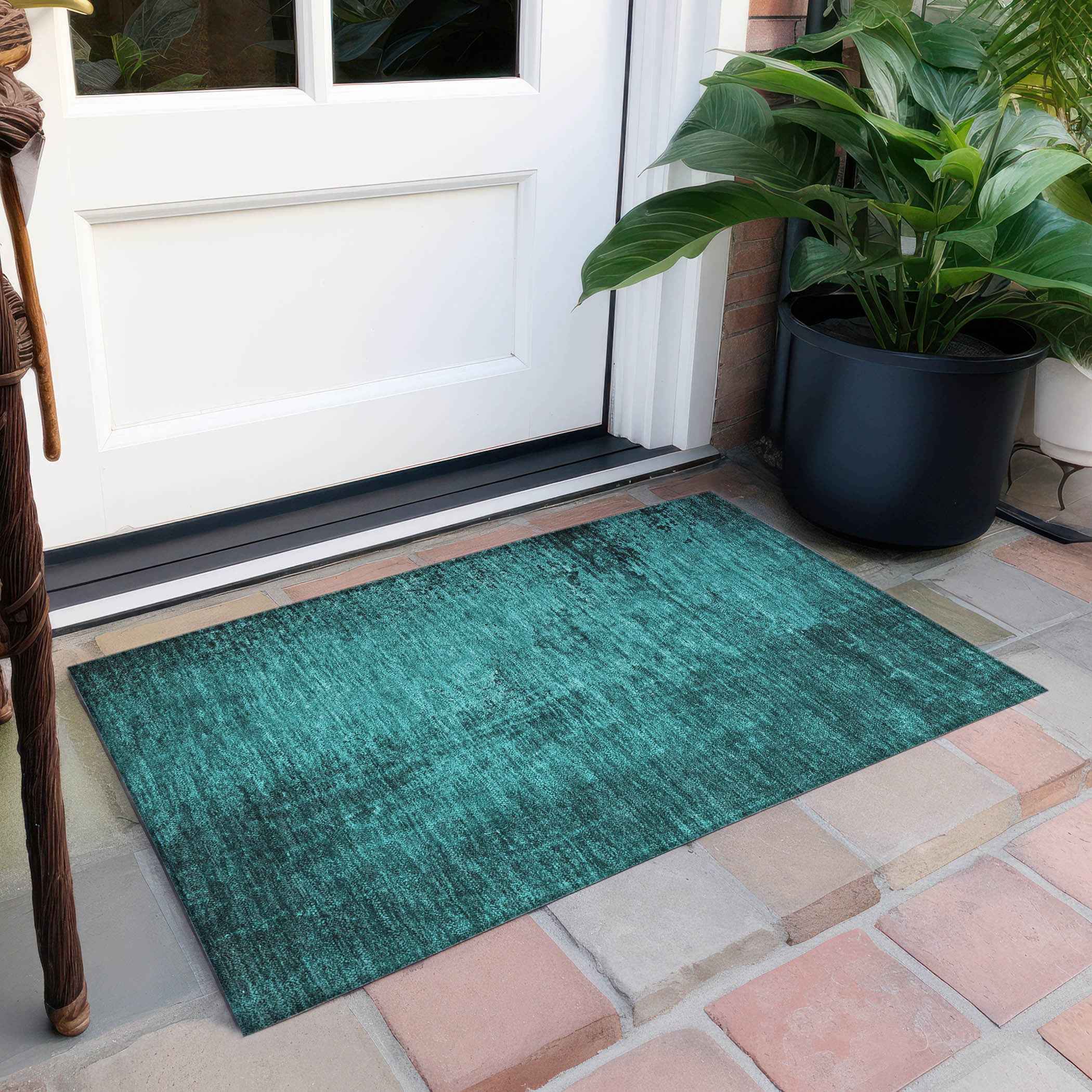 2' X 3' Teal Abstract Washable Non Skid Indoor Outdoor Area Rug