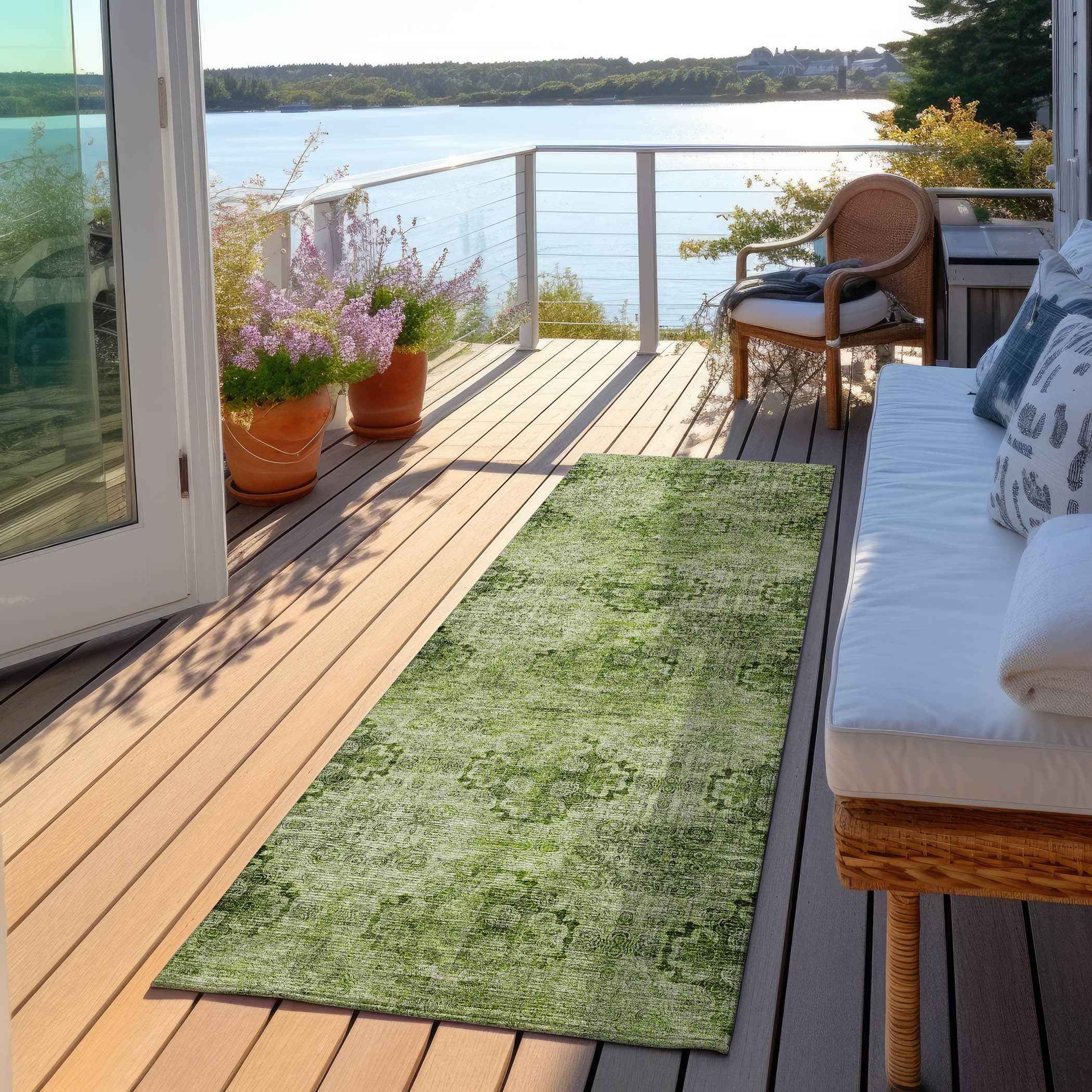 2' X 8' Olive Green Floral Medallion Washable Non Skid Indoor Outdoor Runner Rug