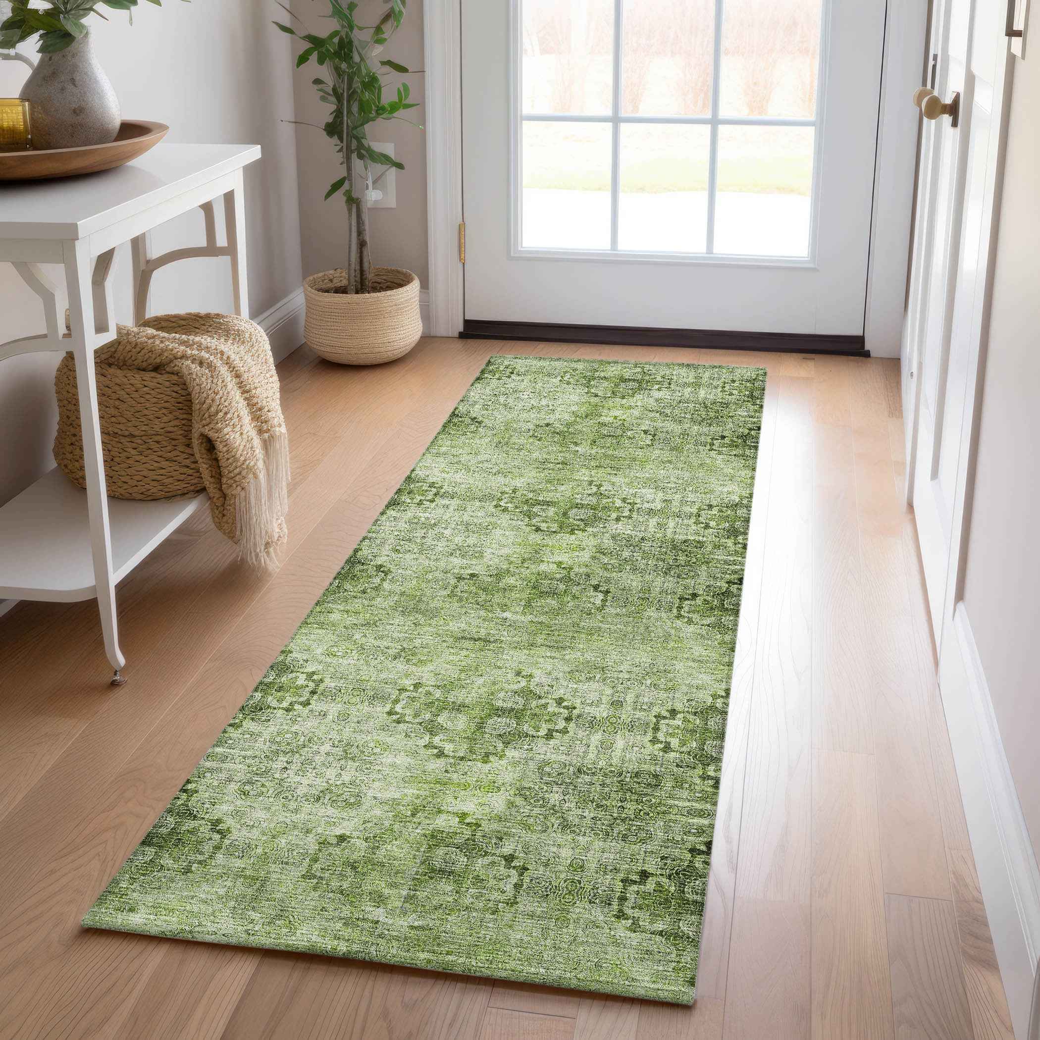2' X 8' Olive Green Floral Medallion Washable Non Skid Indoor Outdoor Runner Rug