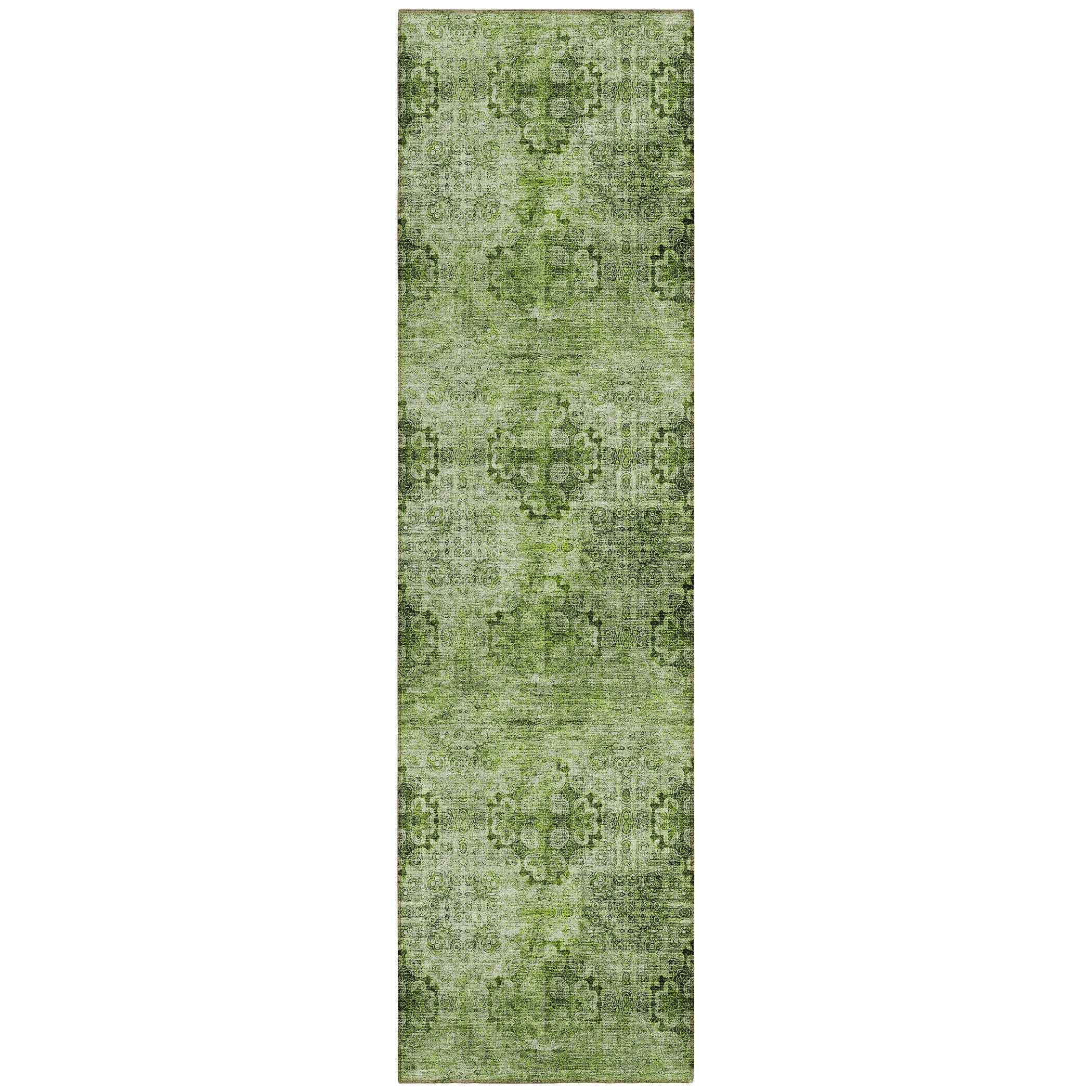 2' X 8' Olive Green Floral Medallion Washable Non Skid Indoor Outdoor Runner Rug