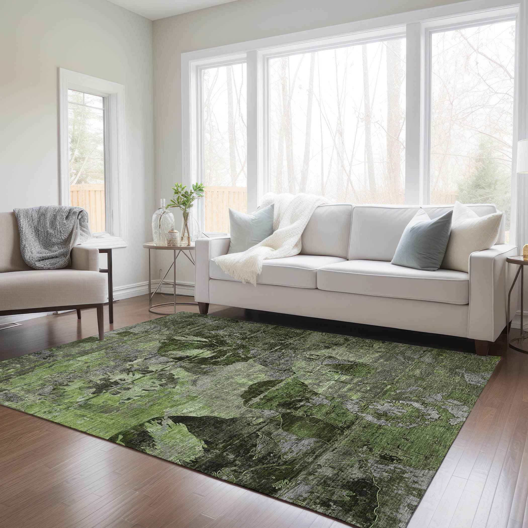 8' X 10' Green and Gray Abstract Washable Indoor Outdoor Area Rug