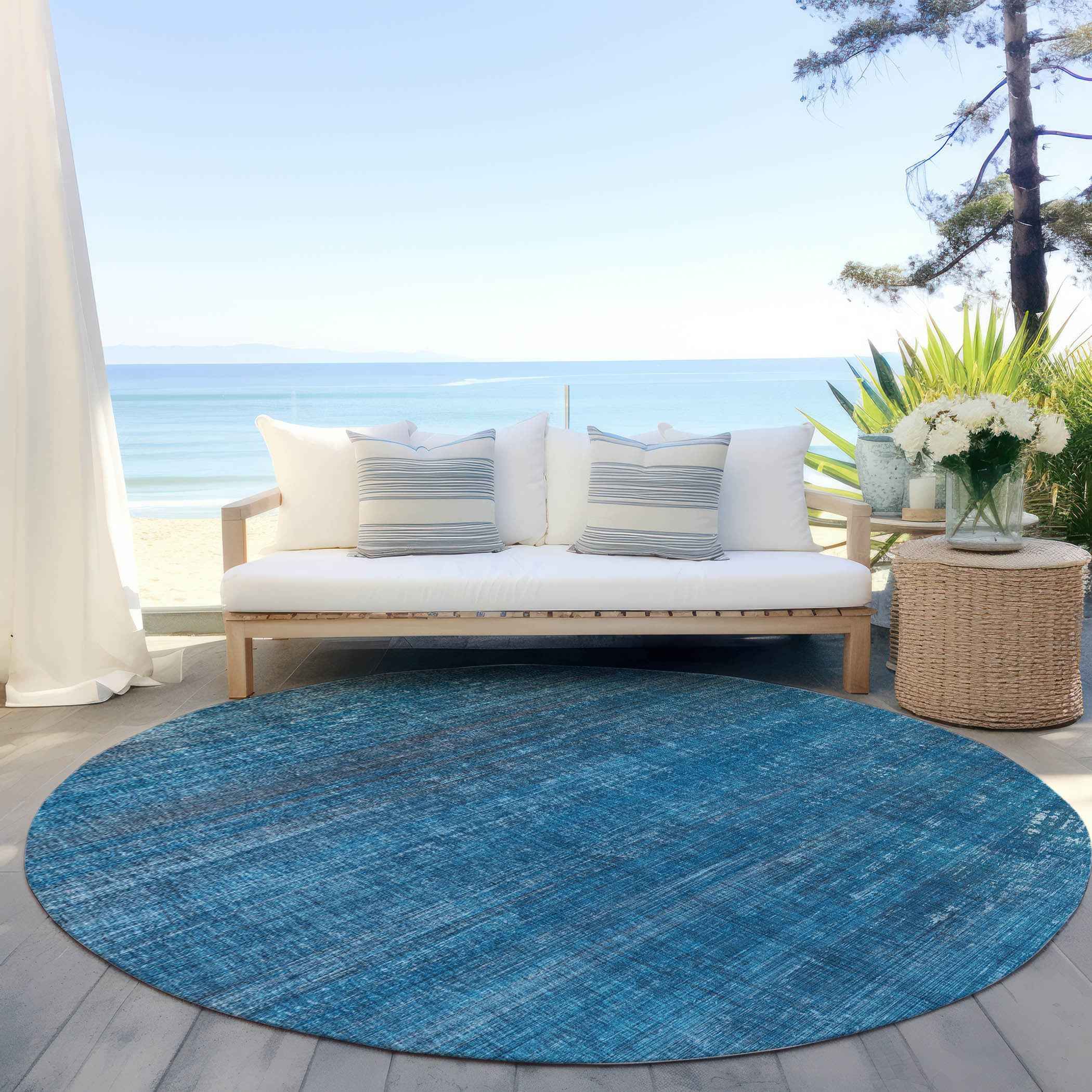 8' Round Blue Round Striped Washable Non Skid Indoor Outdoor Area Rug