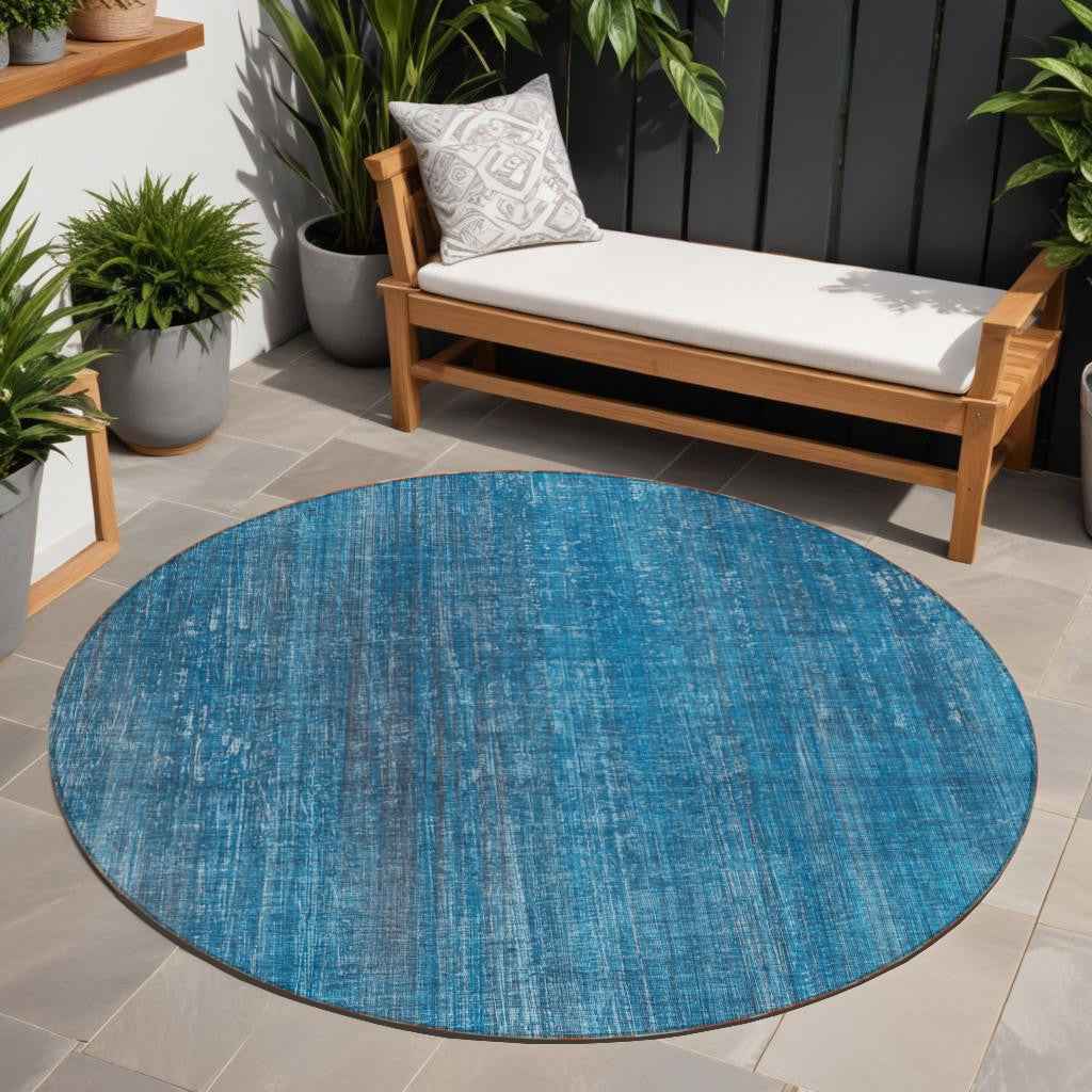 8' Round Blue Round Striped Washable Non Skid Indoor Outdoor Area Rug