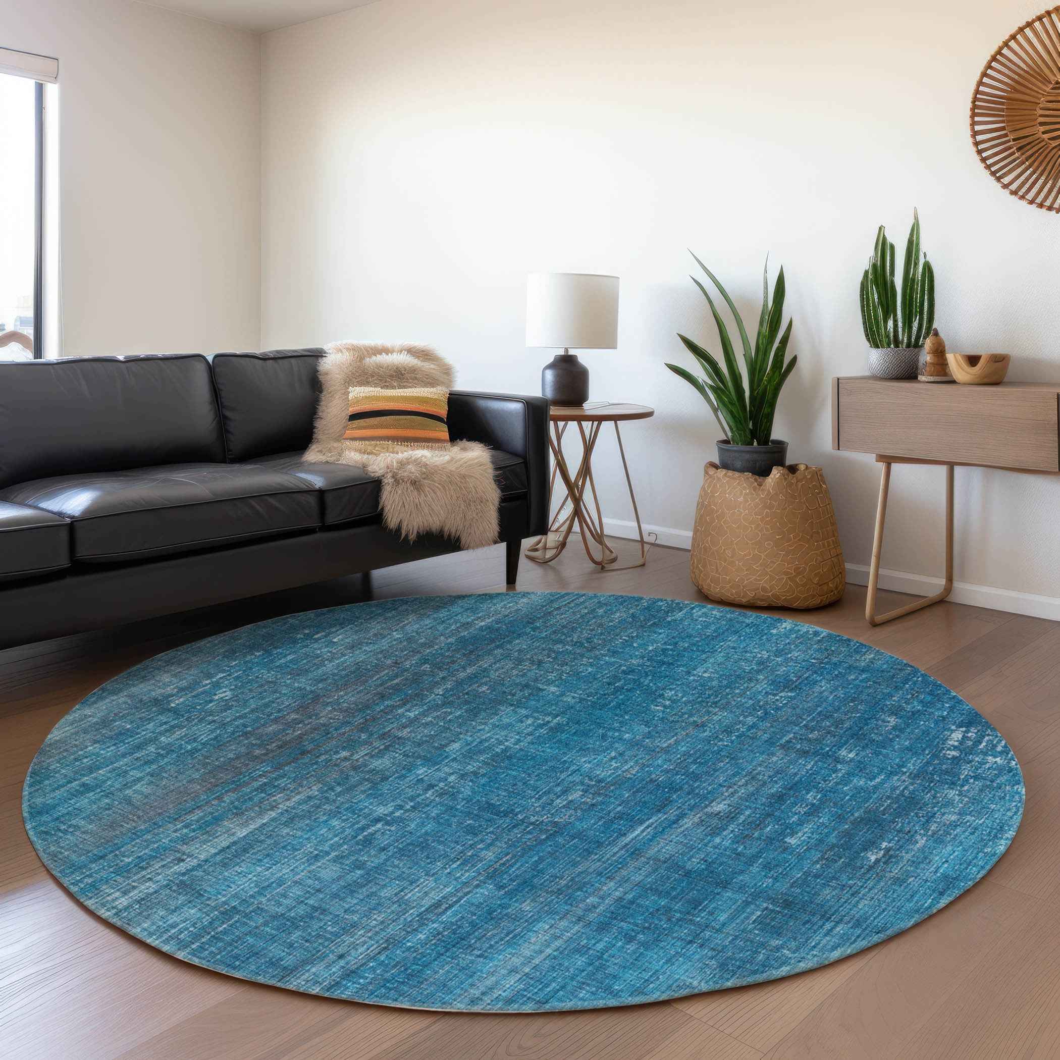 8' Round Blue Round Striped Washable Non Skid Indoor Outdoor Area Rug