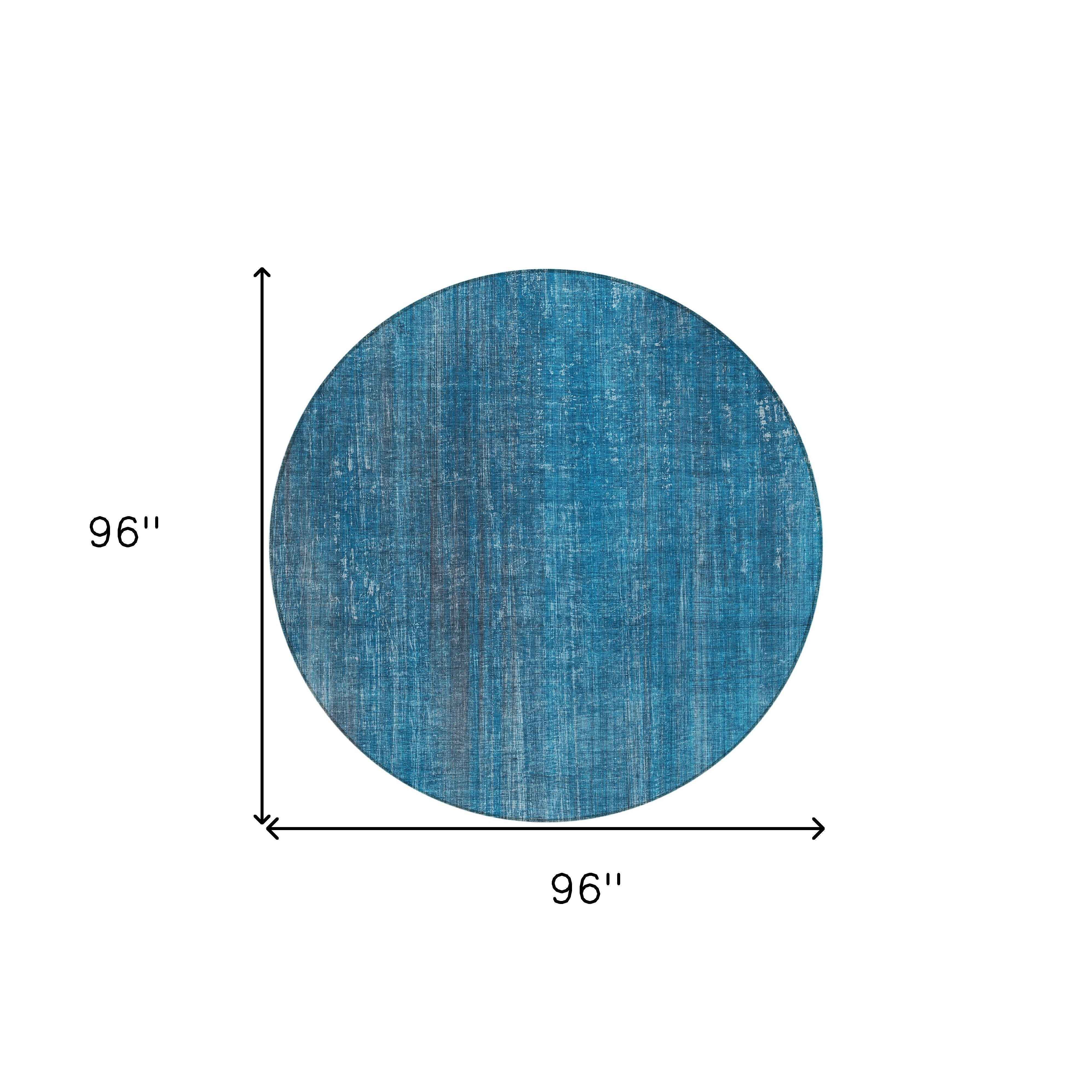 8' Round Blue Round Striped Washable Non Skid Indoor Outdoor Area Rug