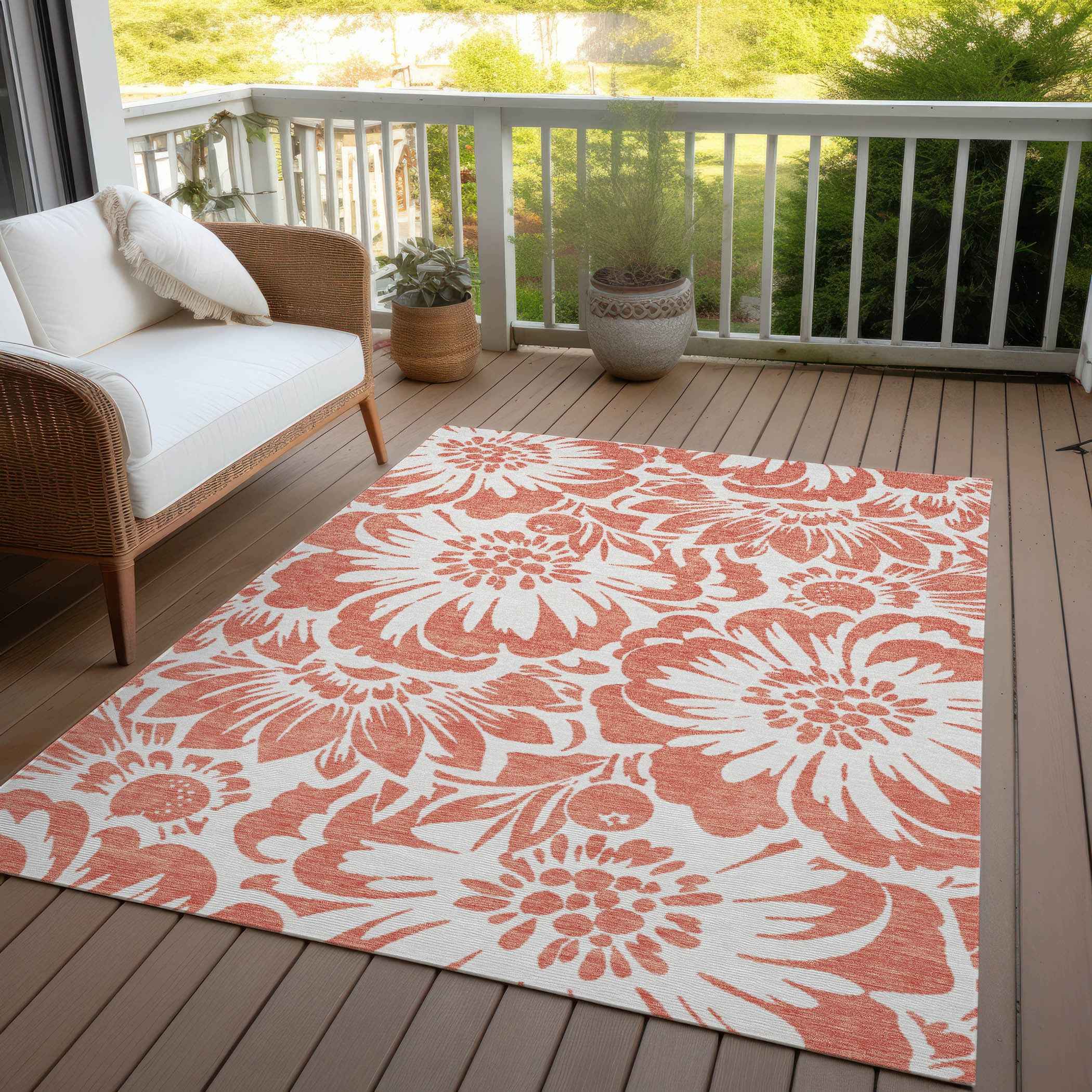 3' X 5' Salmon and Ivory Floral Washable Non Skid Indoor Outdoor Area Rug