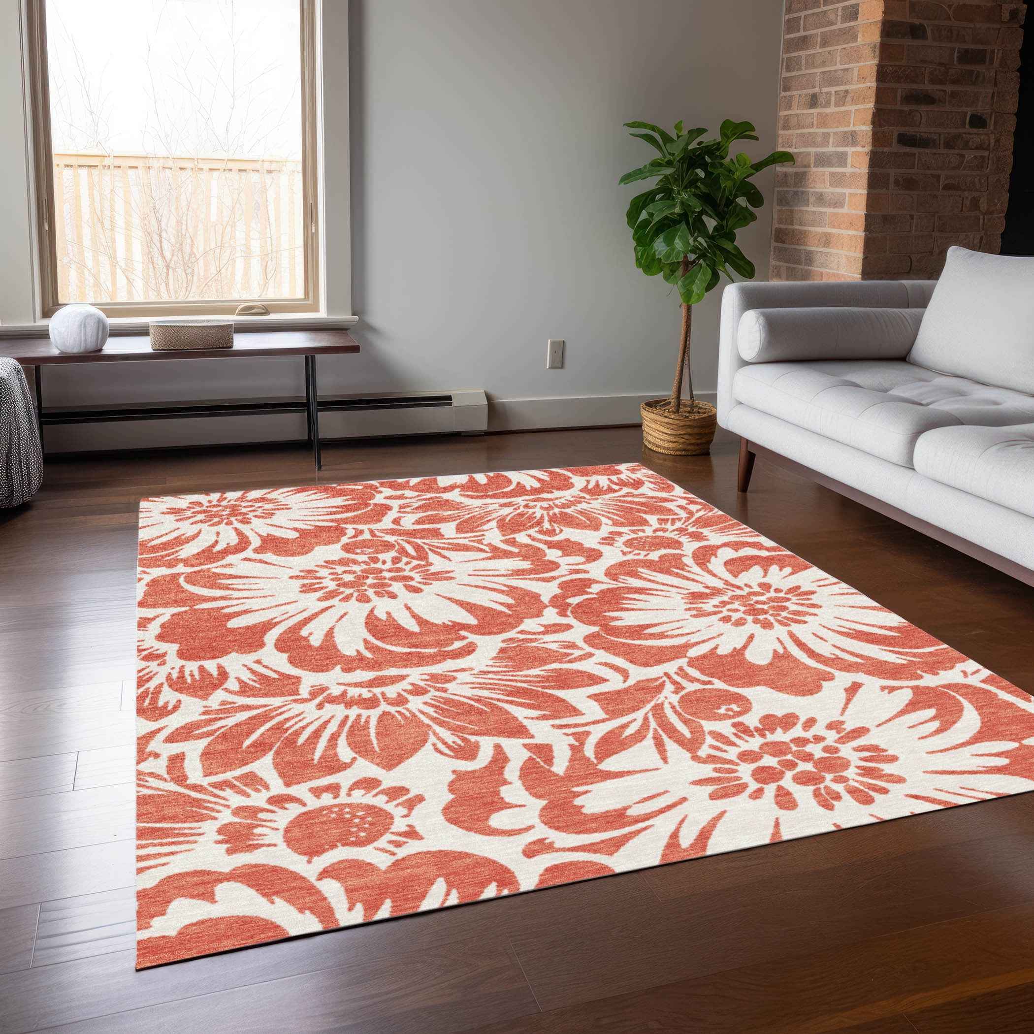 3' X 5' Salmon and Ivory Floral Washable Non Skid Indoor Outdoor Area Rug