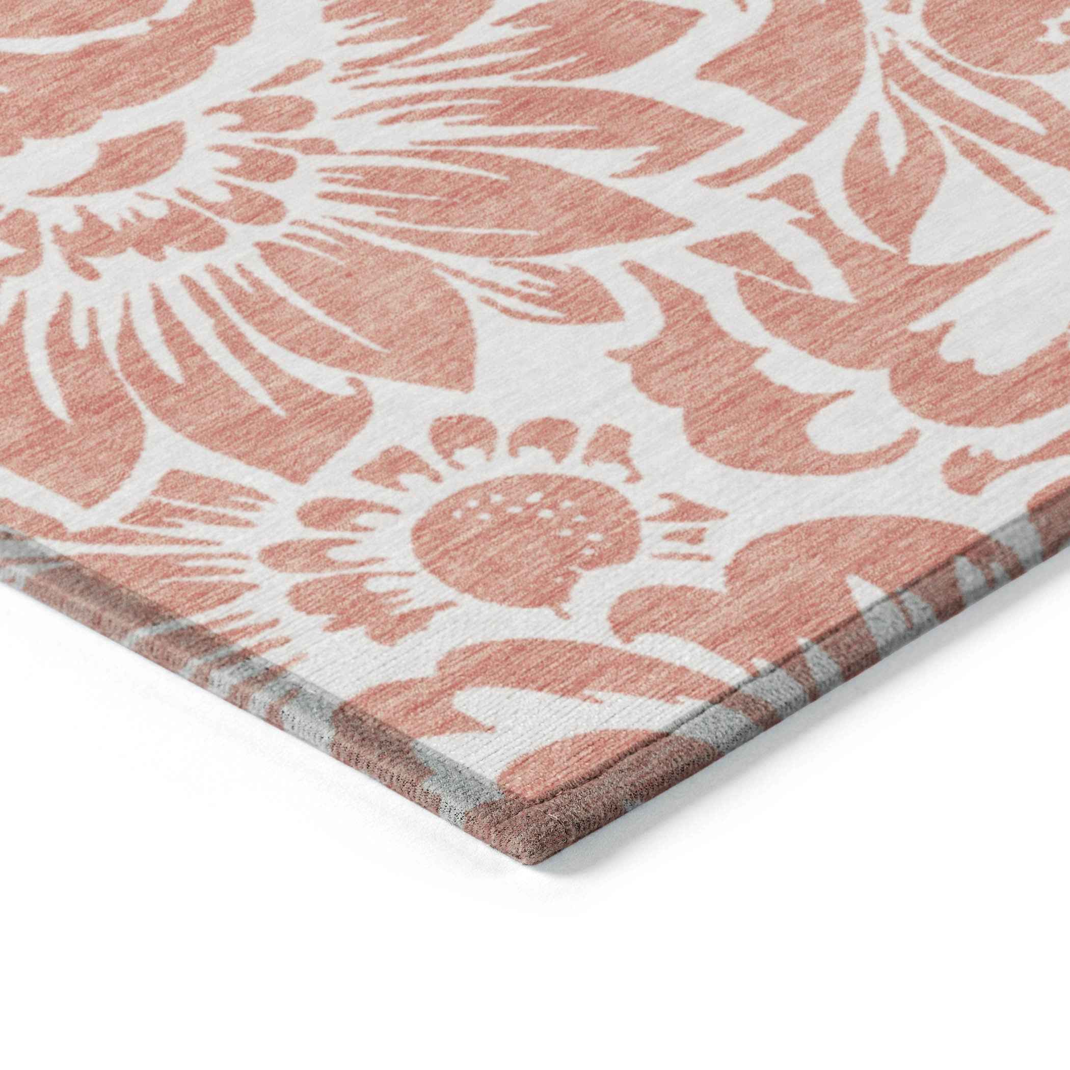 3' X 5' Salmon and Ivory Floral Washable Non Skid Indoor Outdoor Area Rug