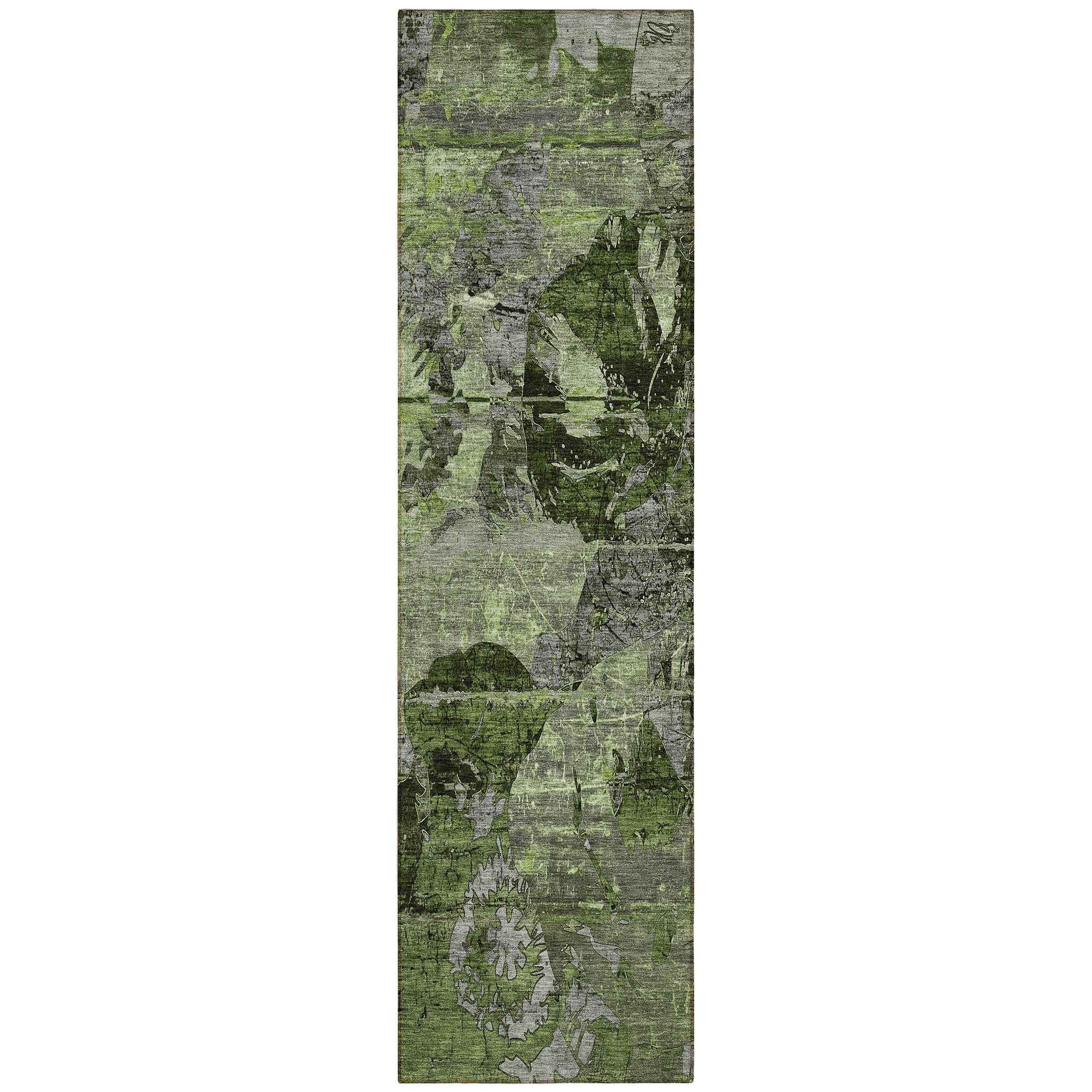 2' X 8' Green and Gray Abstract Washable Indoor Outdoor Runner Rug