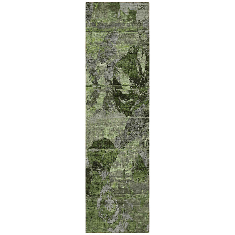 2' X 8' Green and Gray Abstract Washable Indoor Outdoor Runner Rug