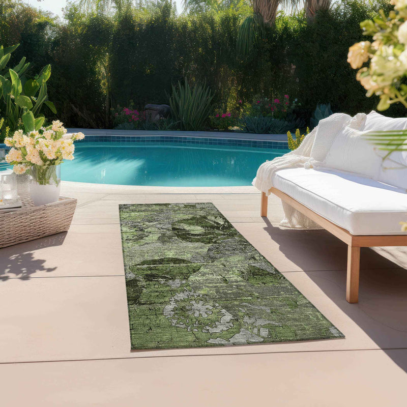 2' X 8' Green and Gray Abstract Washable Indoor Outdoor Runner Rug