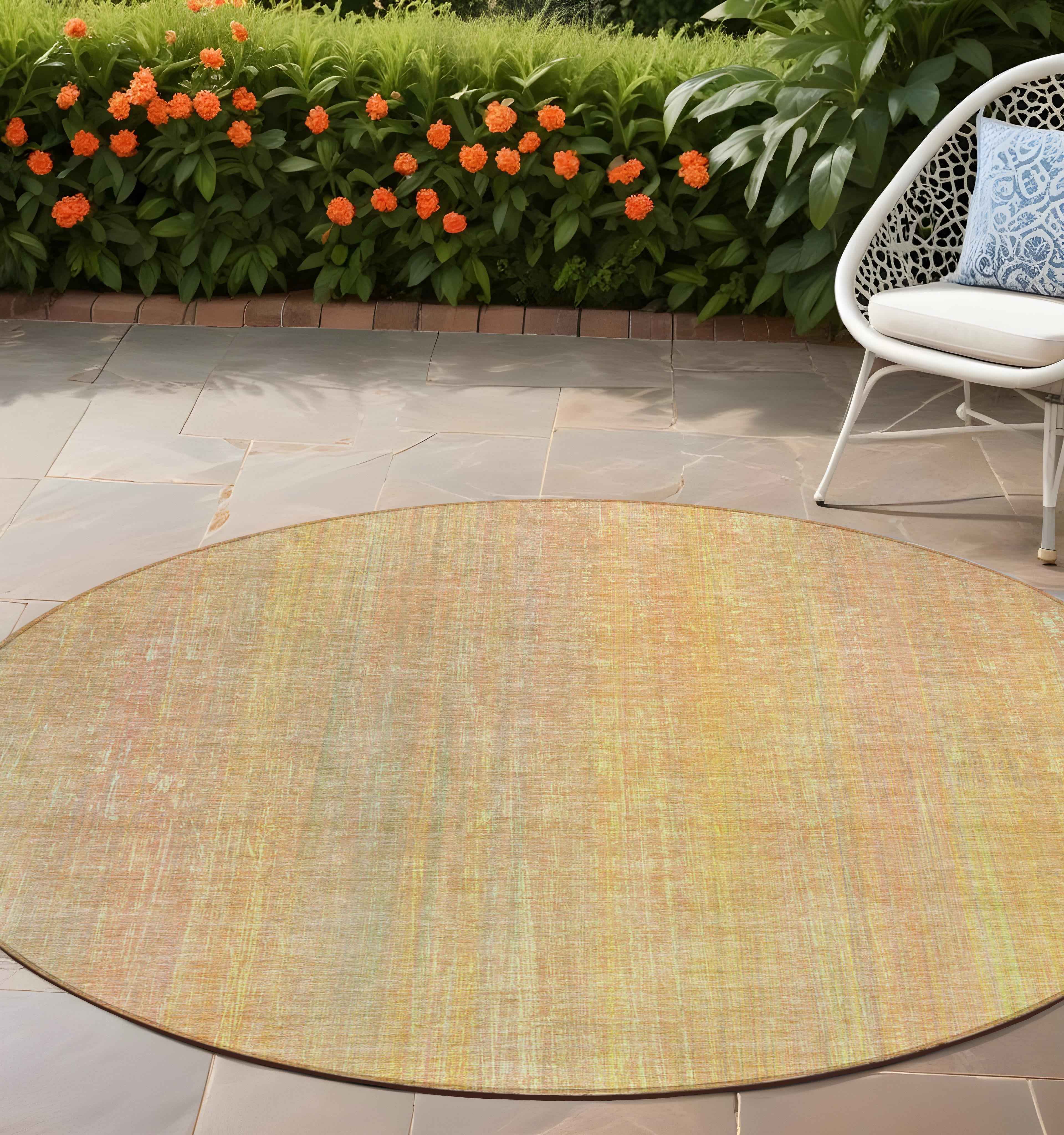8' Round Yellow and Orange Round Striped Washable Non Skid Indoor Outdoor Area Rug