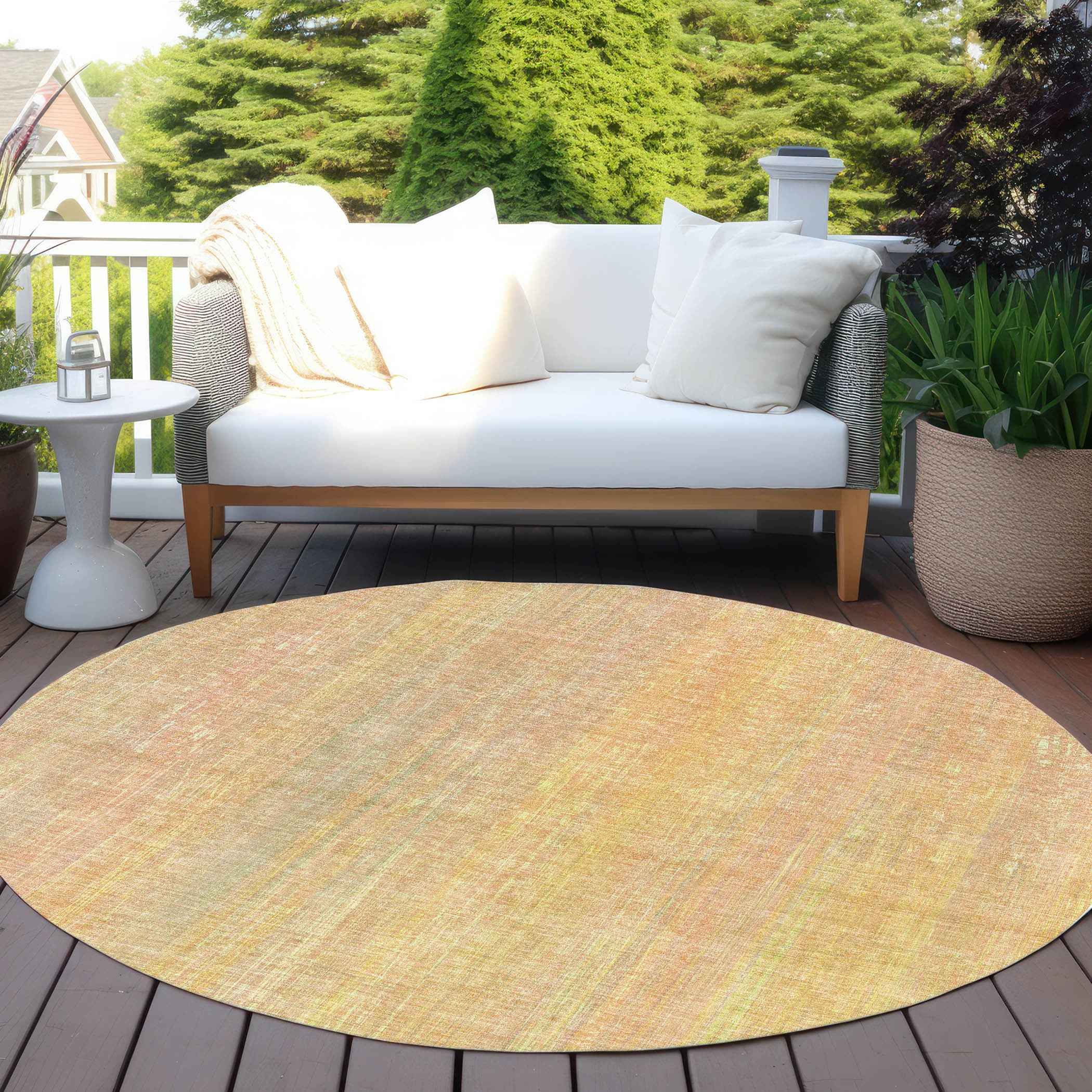 8' Round Yellow and Orange Round Striped Washable Non Skid Indoor Outdoor Area Rug