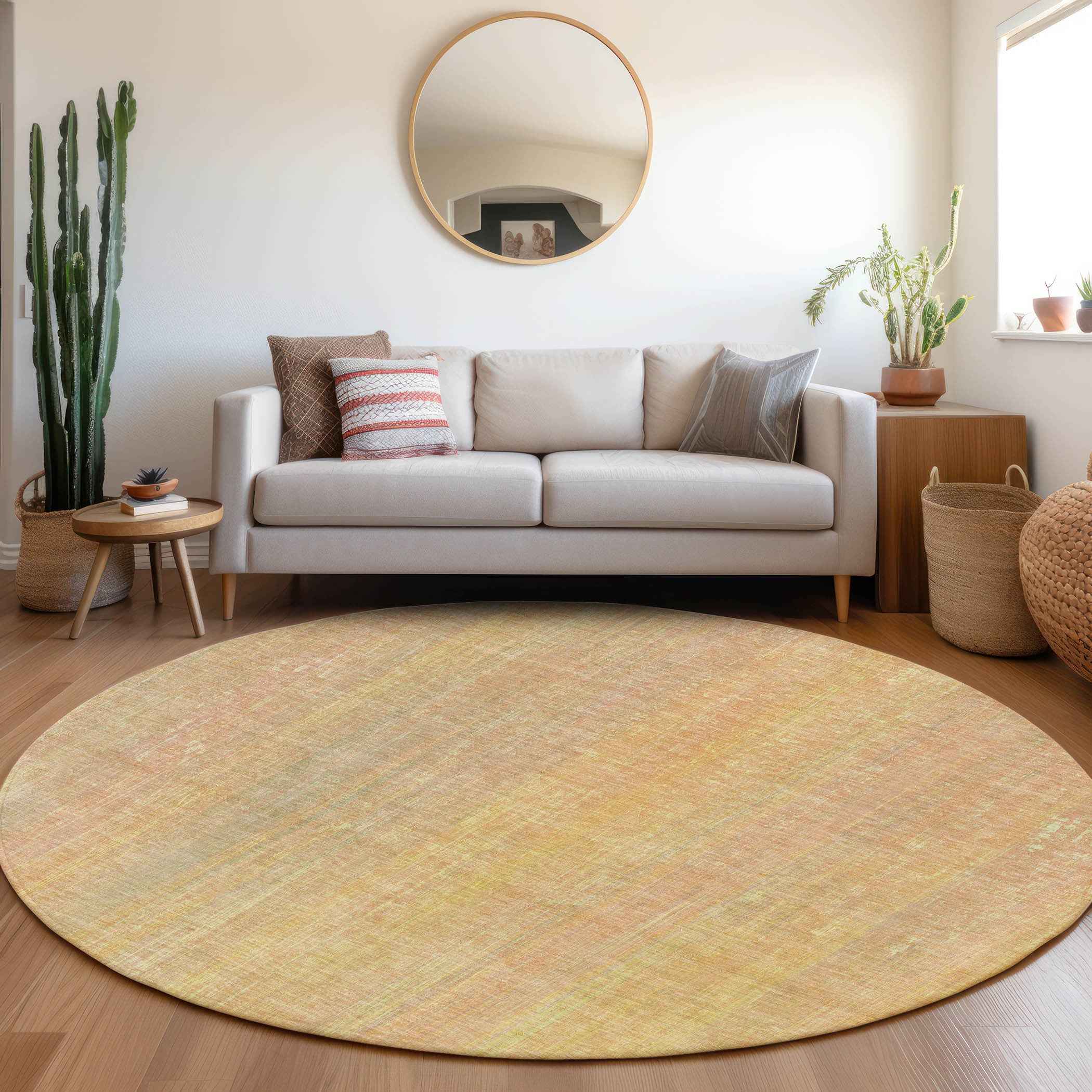 8' Round Yellow and Orange Round Striped Washable Non Skid Indoor Outdoor Area Rug