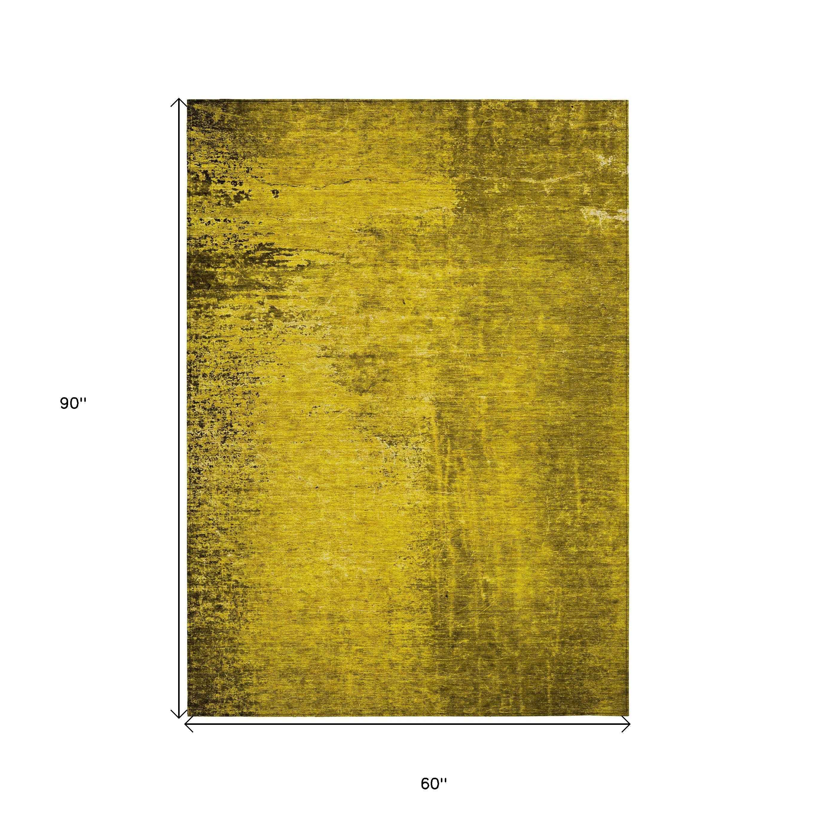 5' X 8' Gold Abstract Washable Non Skid Indoor Outdoor Area Rug