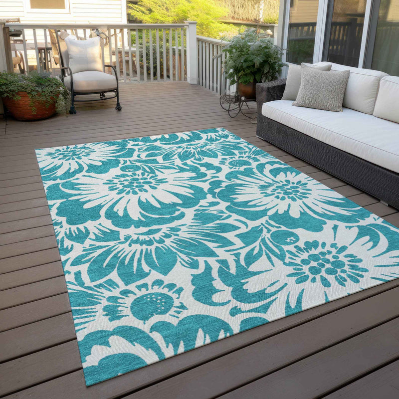 9' X 12' Teal and Ivory Floral Washable Non Skid Indoor Outdoor Area Rug