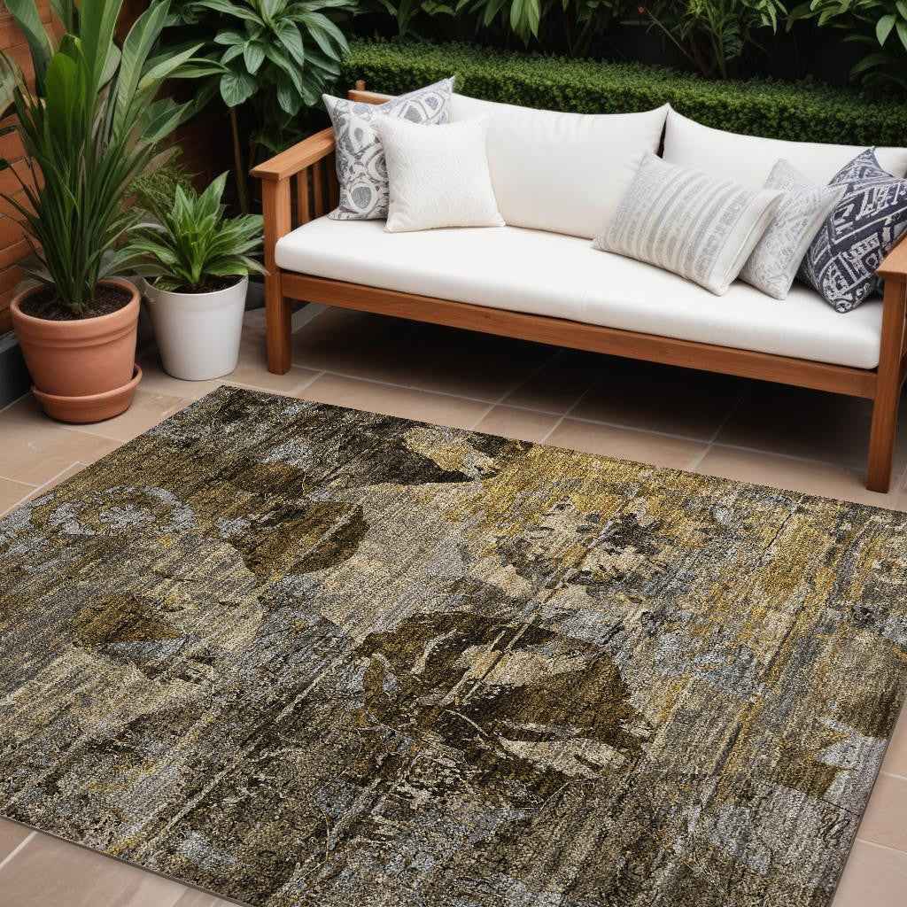 9' X 12' Brown And Gray Floral Washable Indoor Outdoor Area Rug